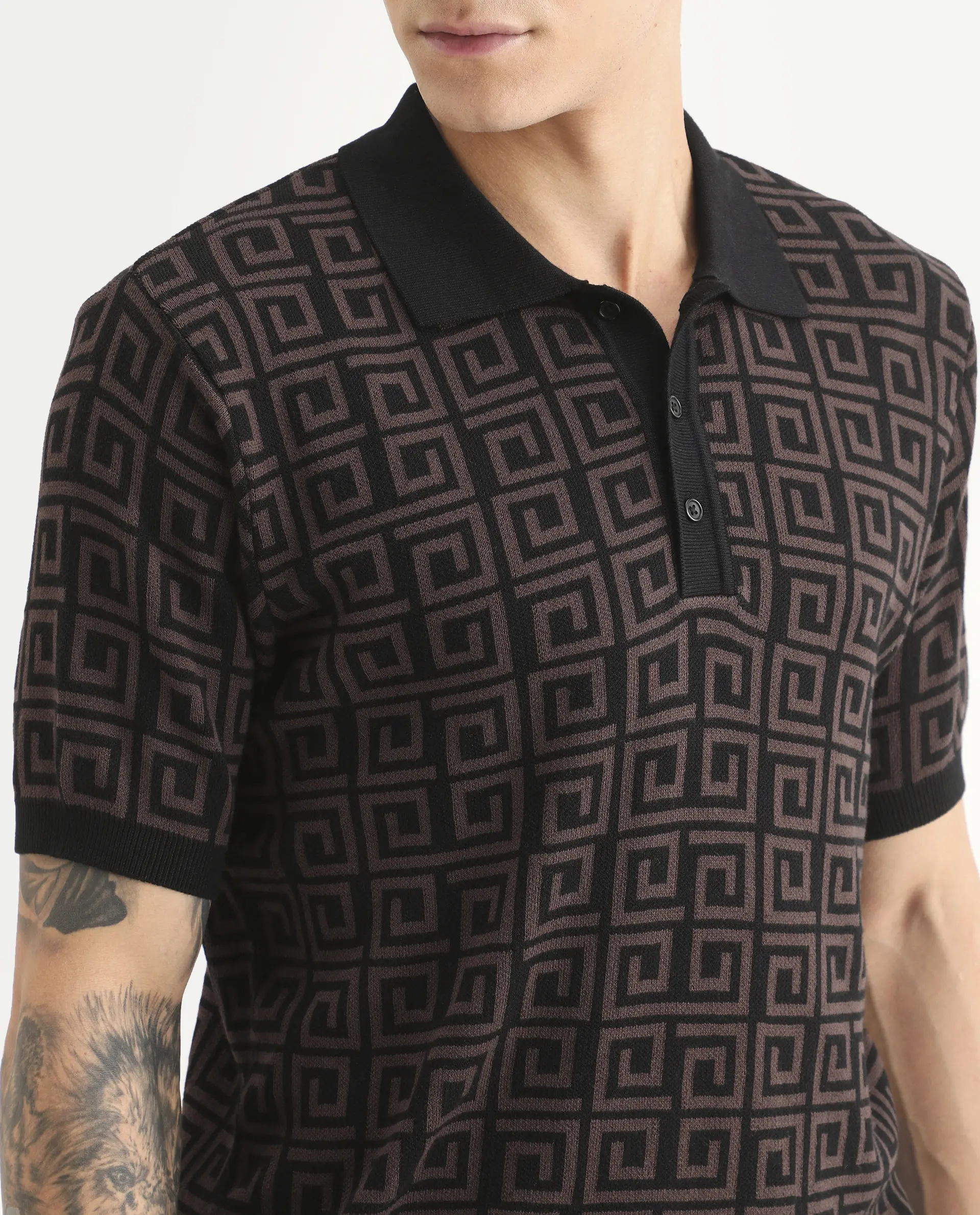 Rare Rabbit Men's Bennett Dark Brown Cotton Fabric Half Sleeve Regular Fit Geometric Print Polo - Image 3