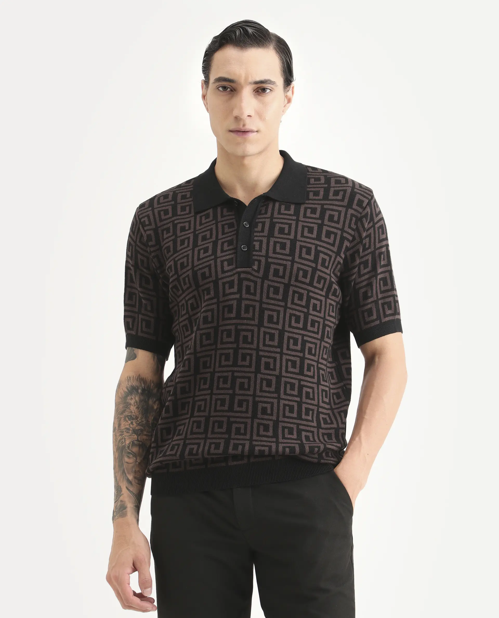 Rare Rabbit Men's Bennett Dark Brown Cotton Fabric Half Sleeve Regular Fit Geometric Print Polo - Image 4