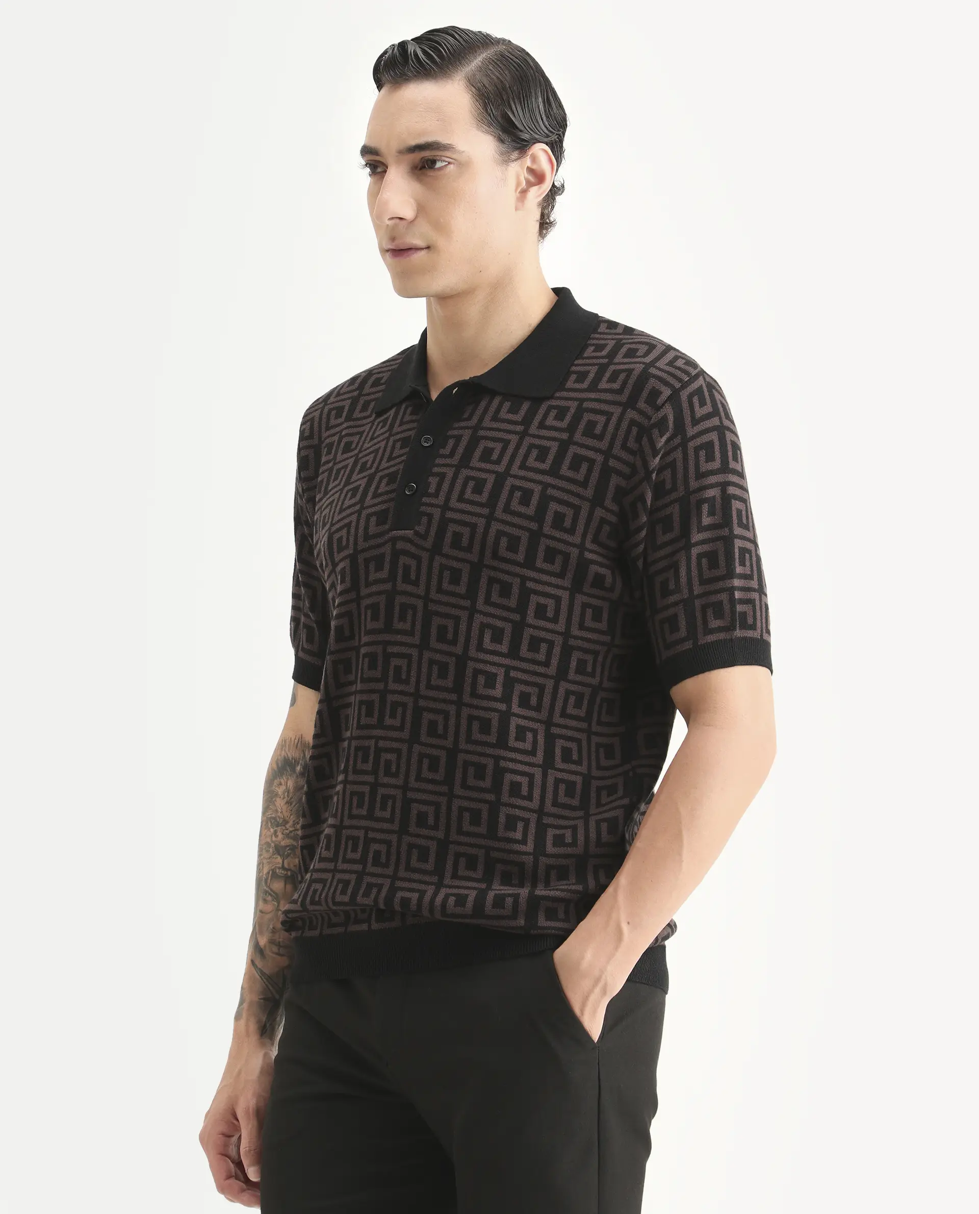Rare Rabbit Men's Bennett Dark Brown Cotton Fabric Half Sleeve Regular Fit Geometric Print Polo - Image 5