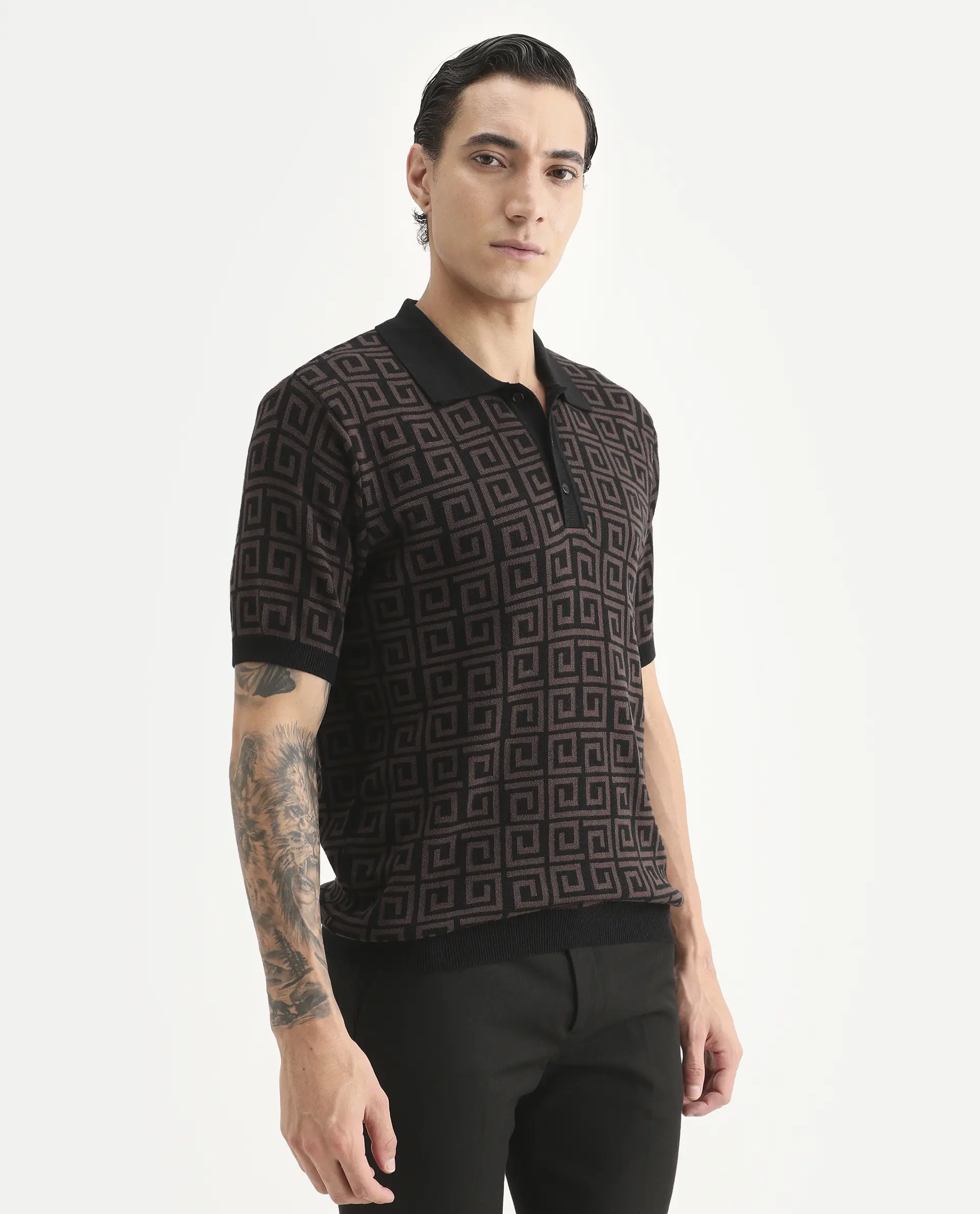 Rare Rabbit Men's Bennett Dark Brown Cotton Fabric Half Sleeve Regular Fit Geometric Print Polo - Image 6