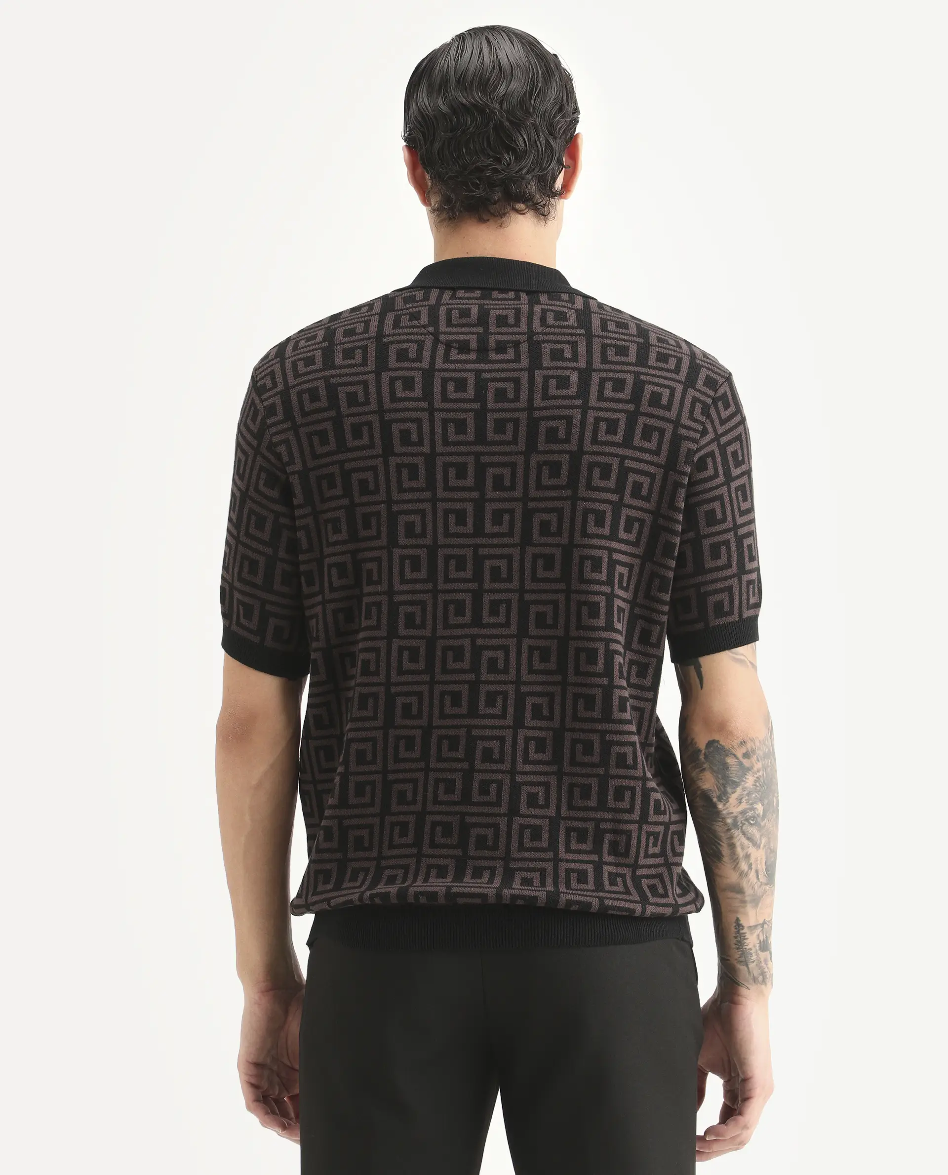 Rare Rabbit Men's Bennett Dark Brown Cotton Fabric Half Sleeve Regular Fit Geometric Print Polo - Image 7