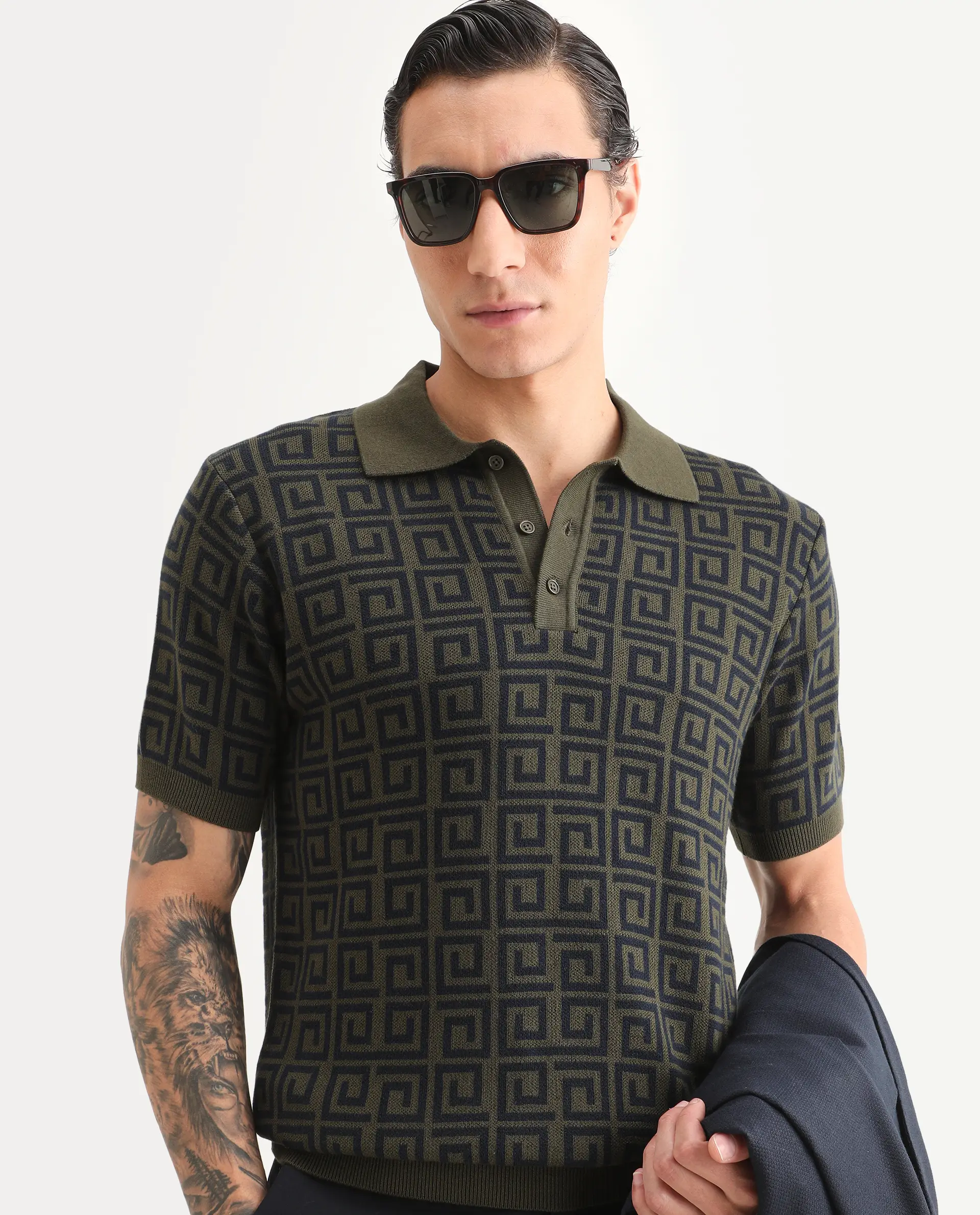 Rare Rabbit Men's Bennett Pastel Navy Cotton Fabric Half Sleeve Regular Fit Geometric Print Polo