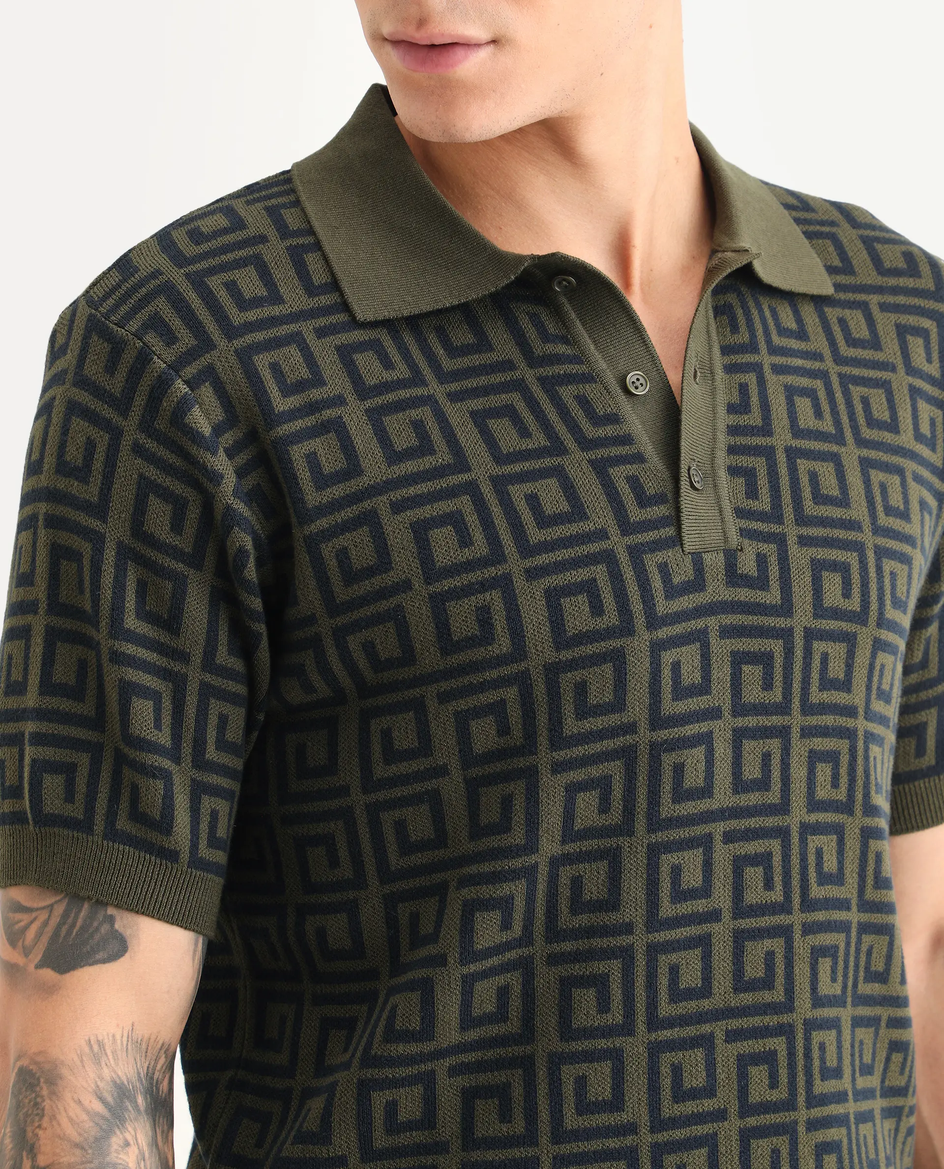 Rare Rabbit Men's Bennett Pastel Navy Cotton Fabric Half Sleeve Regular Fit Geometric Print Polo - Image 3