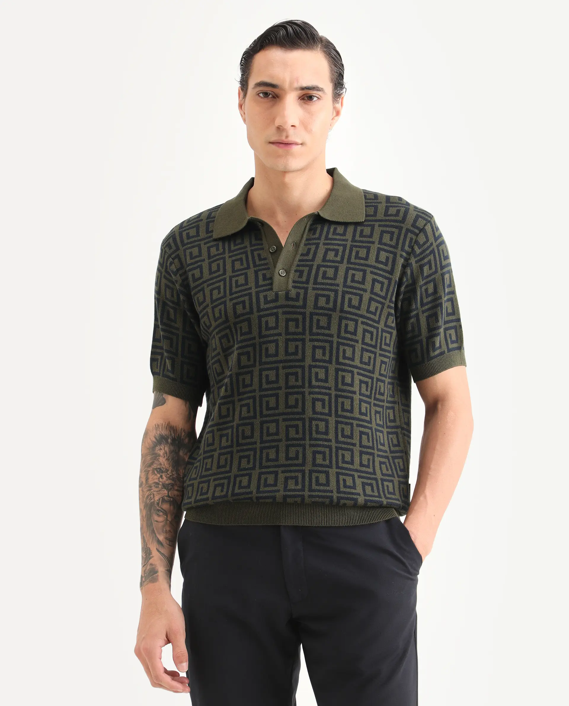 Rare Rabbit Men's Bennett Pastel Navy Cotton Fabric Half Sleeve Regular Fit Geometric Print Polo - Image 4