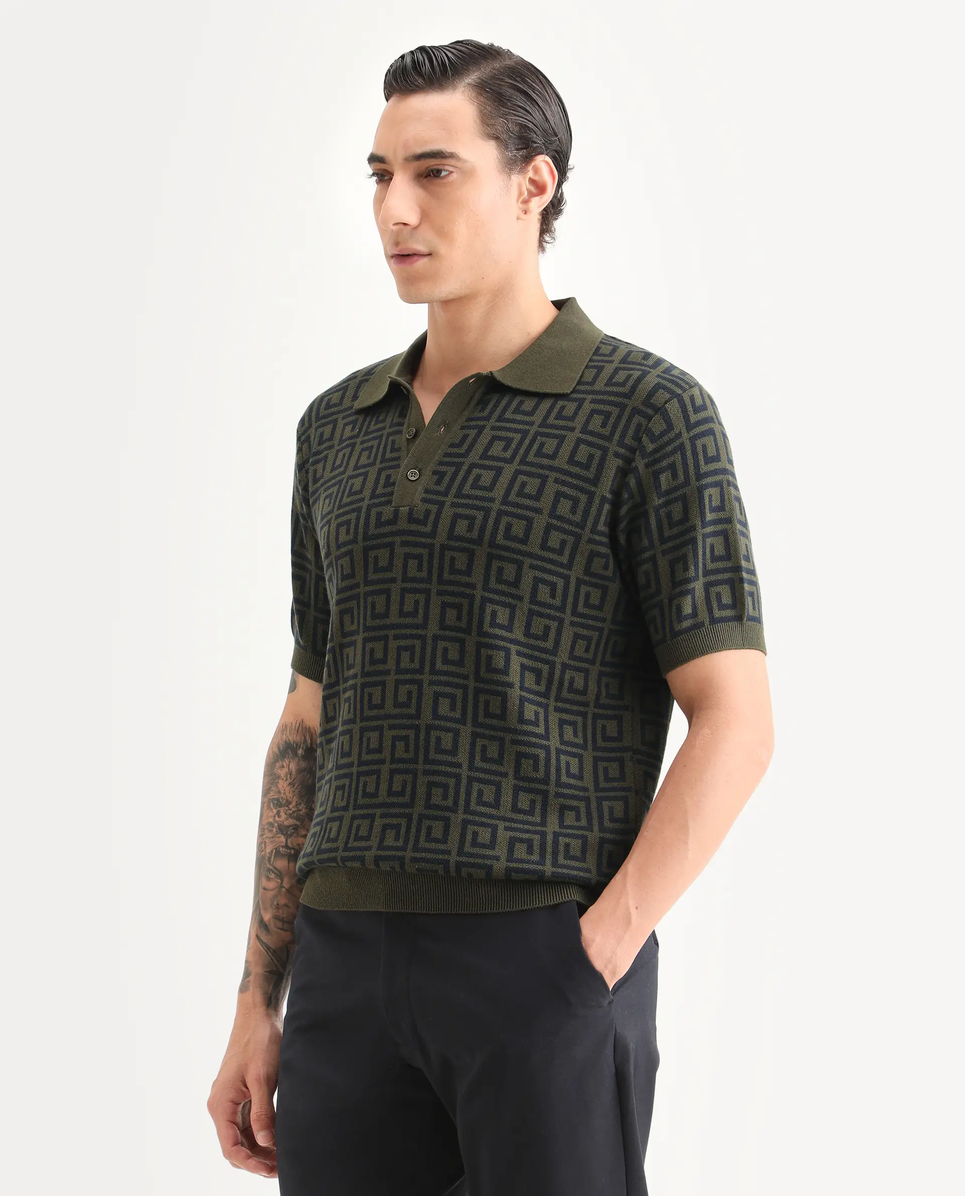 Rare Rabbit Men's Bennett Pastel Navy Cotton Fabric Half Sleeve Regular Fit Geometric Print Polo - Image 5