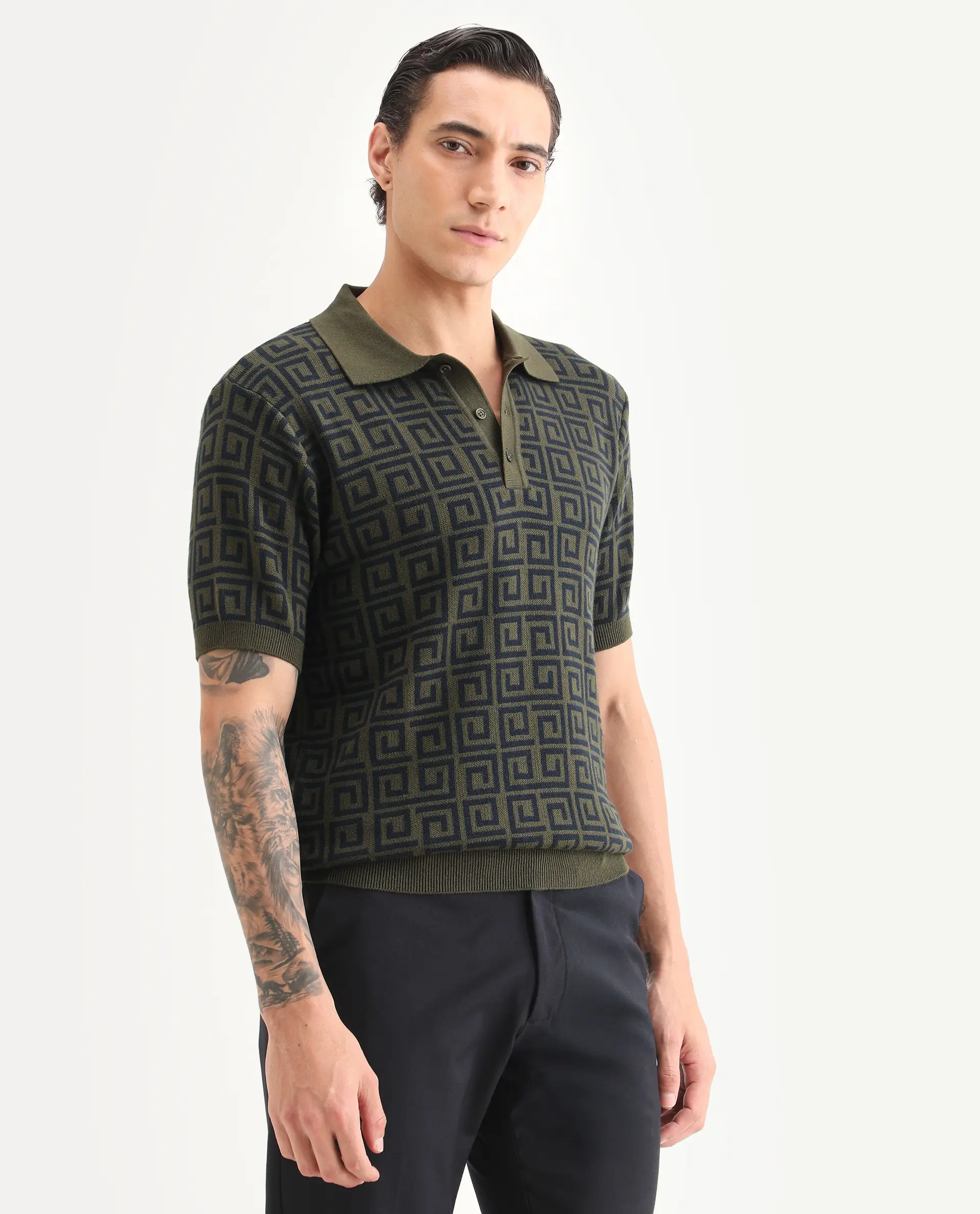 Rare Rabbit Men's Bennett Pastel Navy Cotton Fabric Half Sleeve Regular Fit Geometric Print Polo - Image 6