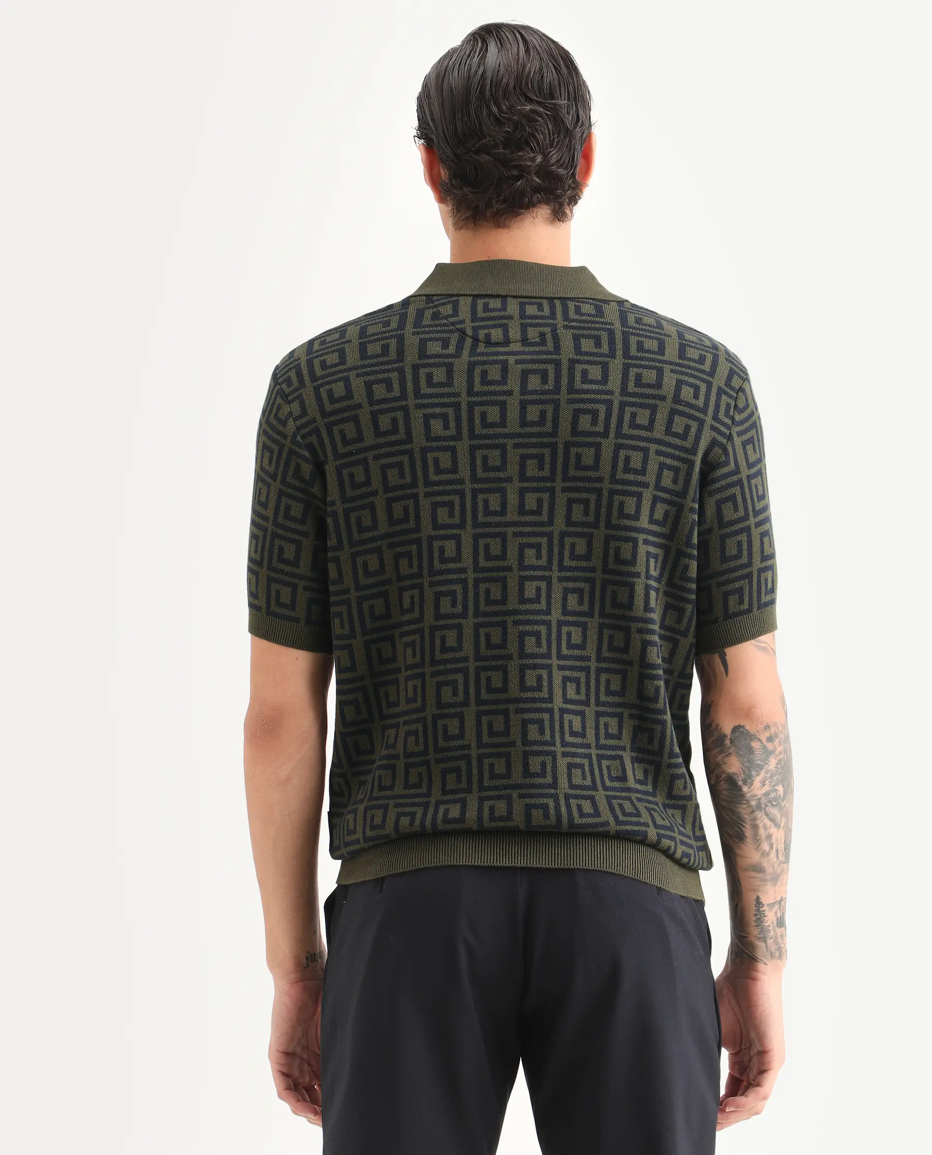 Rare Rabbit Men's Bennett Pastel Navy Cotton Fabric Half Sleeve Regular Fit Geometric Print Polo - Image 7