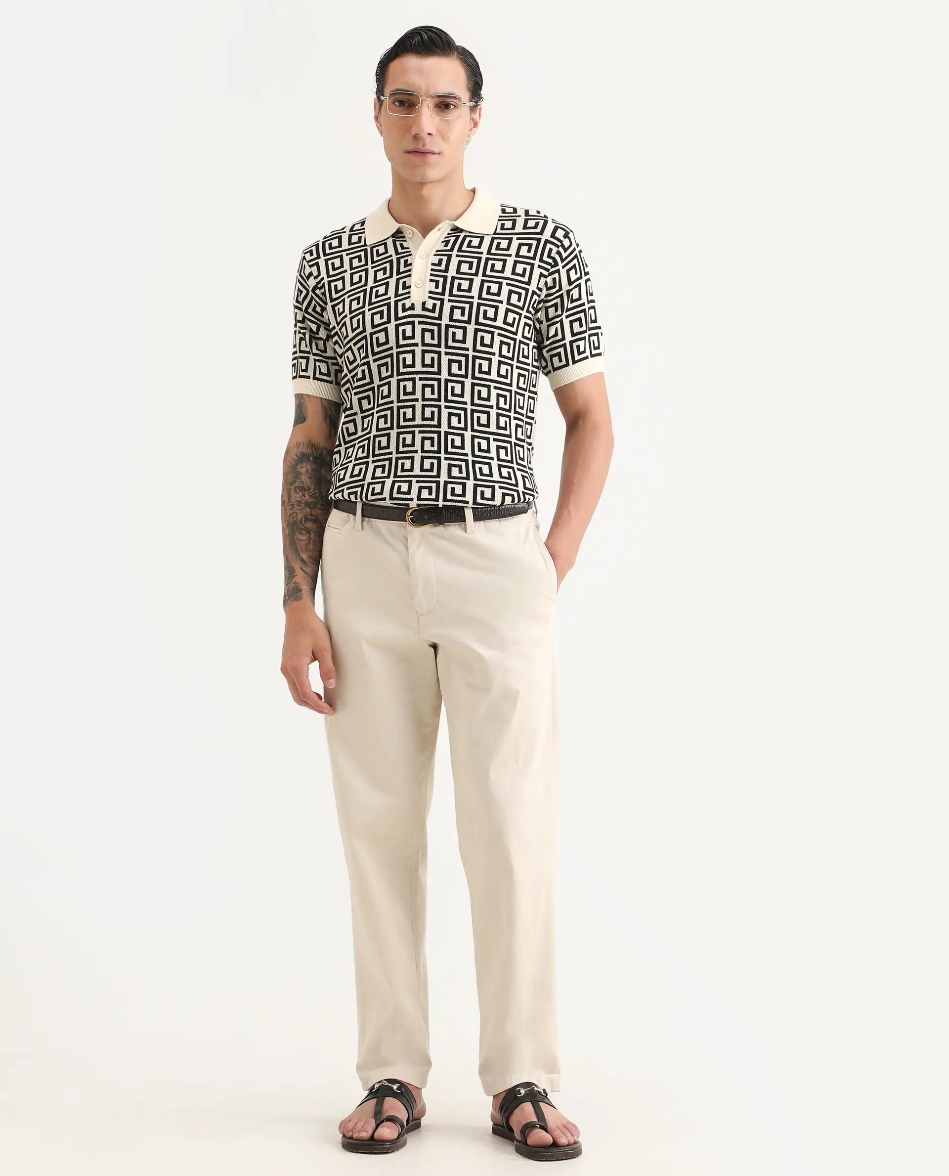 Rare Rabbit Men's Bennett Pastel Off White Cotton Fabric Half Sleeve Regular Fit Geometric Print Polo - Image 2