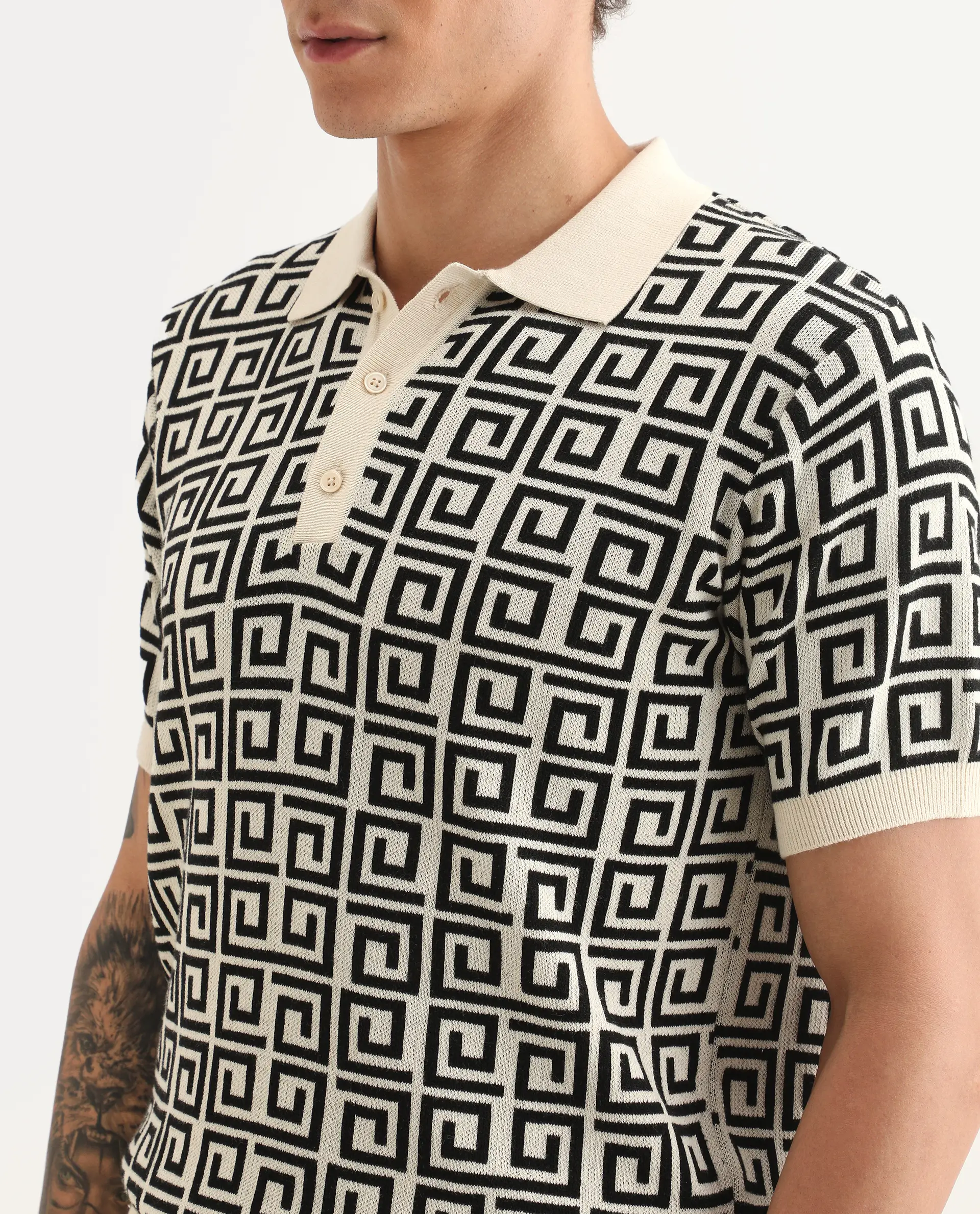 Rare Rabbit Men's Bennett Pastel Off White Cotton Fabric Half Sleeve Regular Fit Geometric Print Polo - Image 3