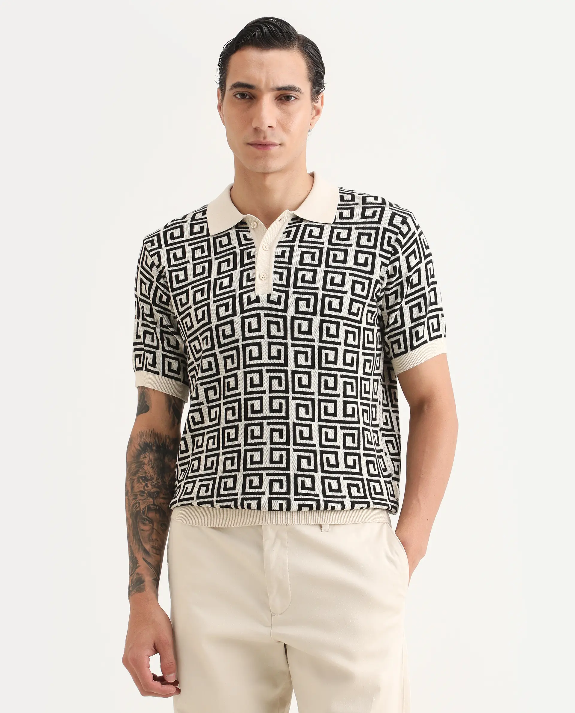 Rare Rabbit Men's Bennett Pastel Off White Cotton Fabric Half Sleeve Regular Fit Geometric Print Polo - Image 4