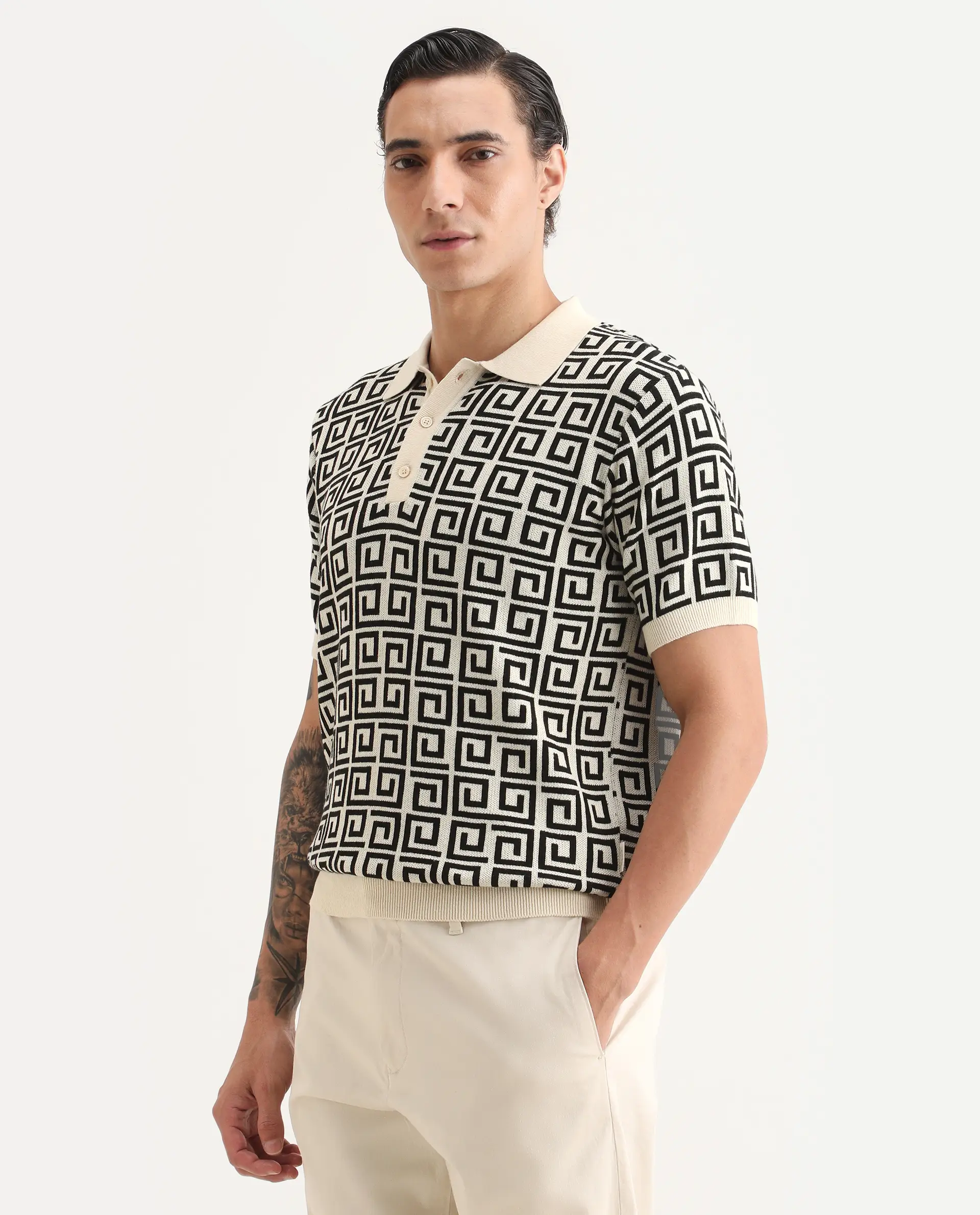 Rare Rabbit Men's Bennett Pastel Off White Cotton Fabric Half Sleeve Regular Fit Geometric Print Polo - Image 5