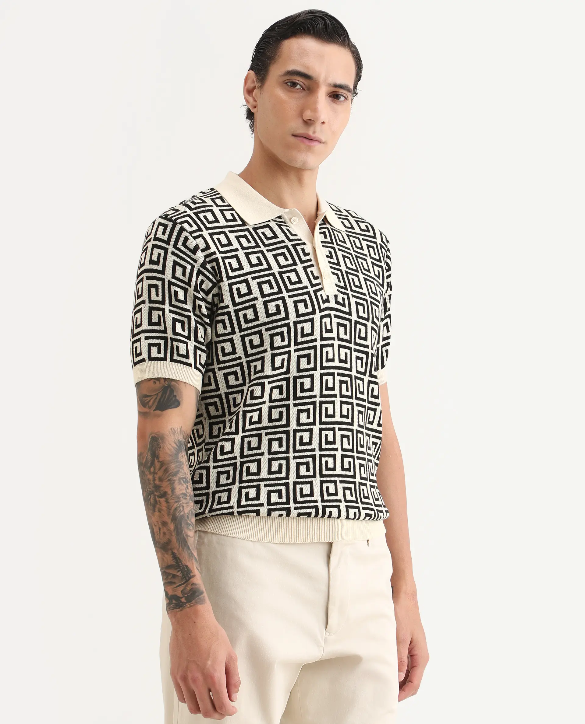 Rare Rabbit Men's Bennett Pastel Off White Cotton Fabric Half Sleeve Regular Fit Geometric Print Polo - Image 6
