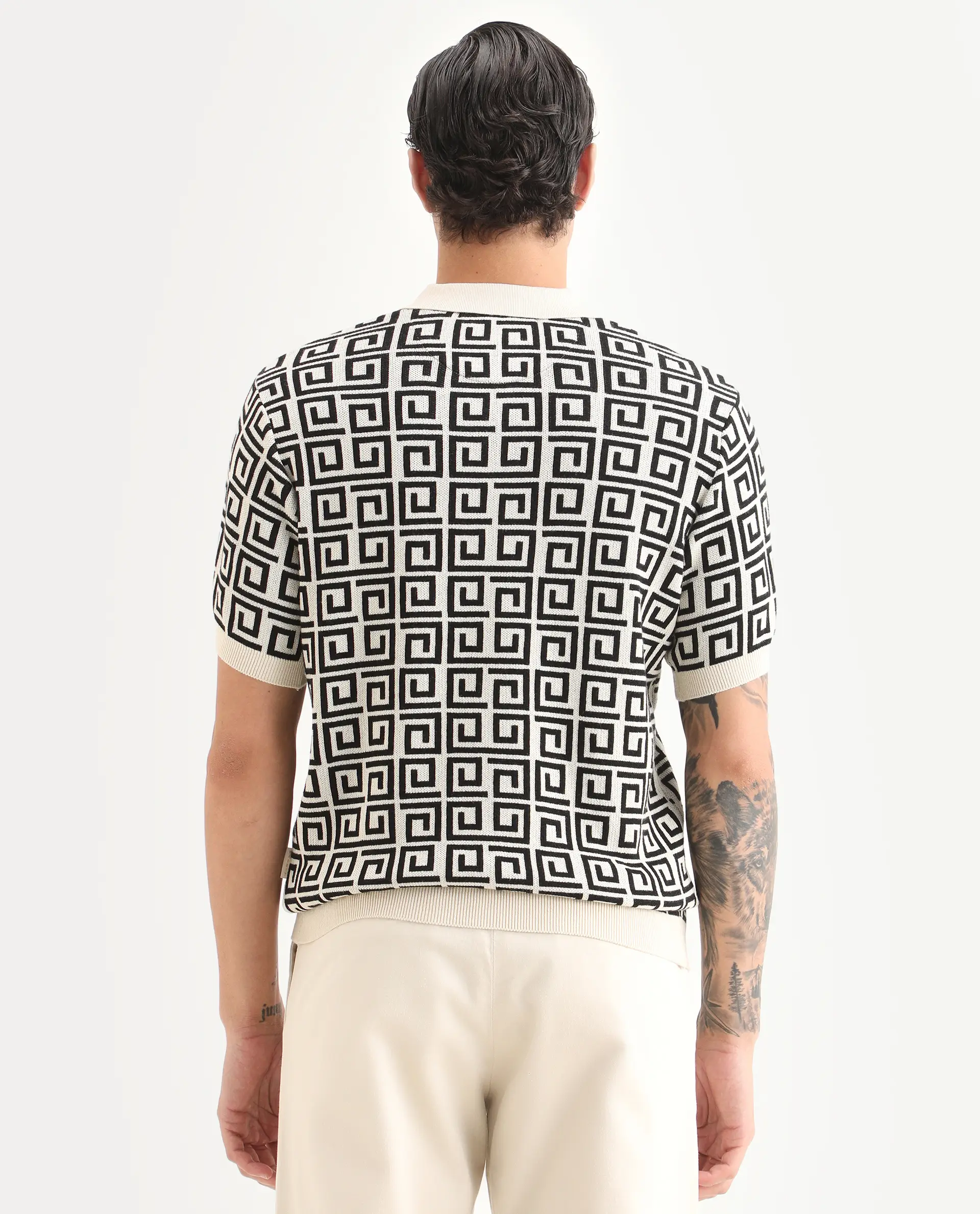 Rare Rabbit Men's Bennett Pastel Off White Cotton Fabric Half Sleeve Regular Fit Geometric Print Polo - Image 7
