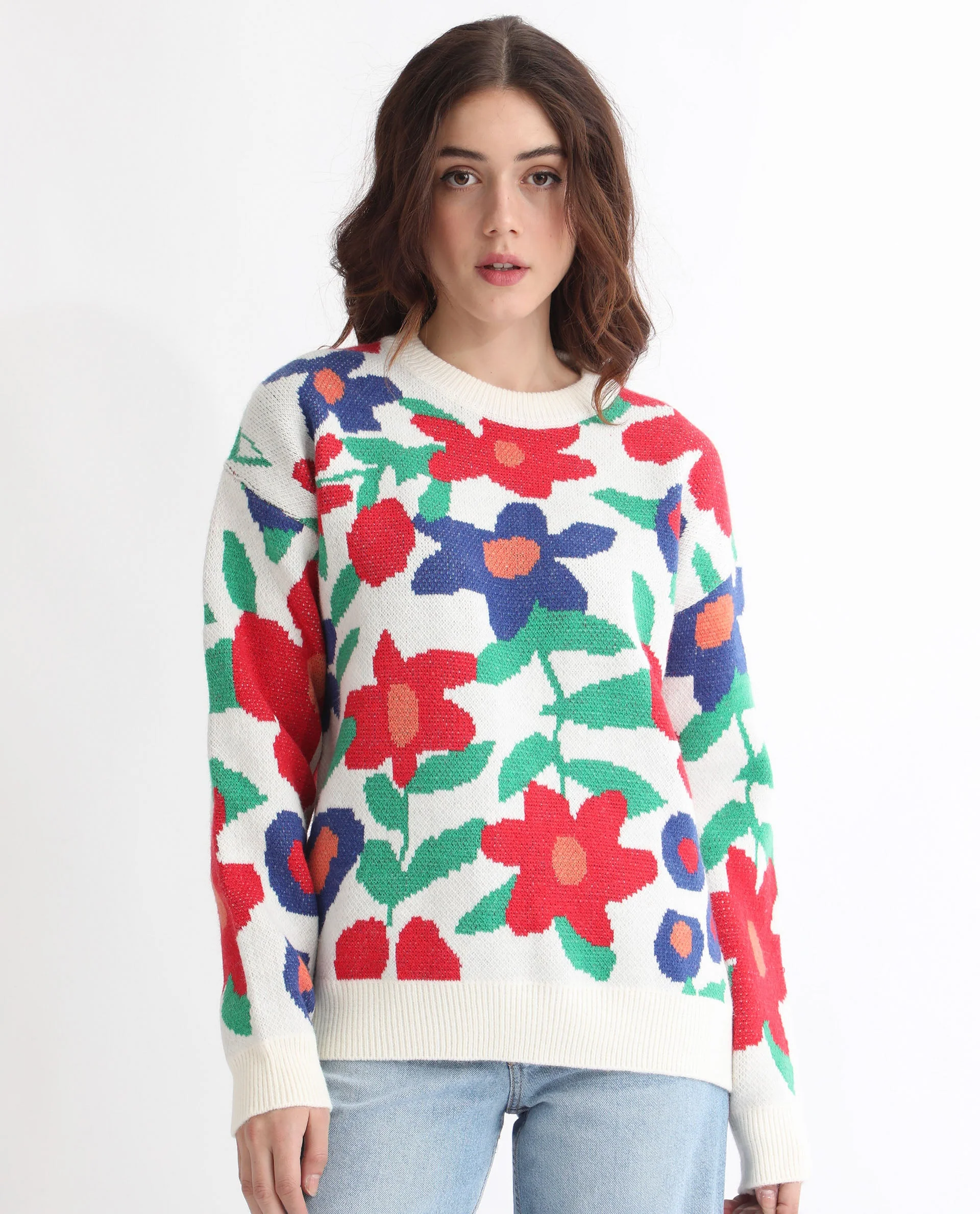 Rareism Women's Bennett Sheen Multi Acrylic Crew Neck Floral Print Relaxed Fit Sweater