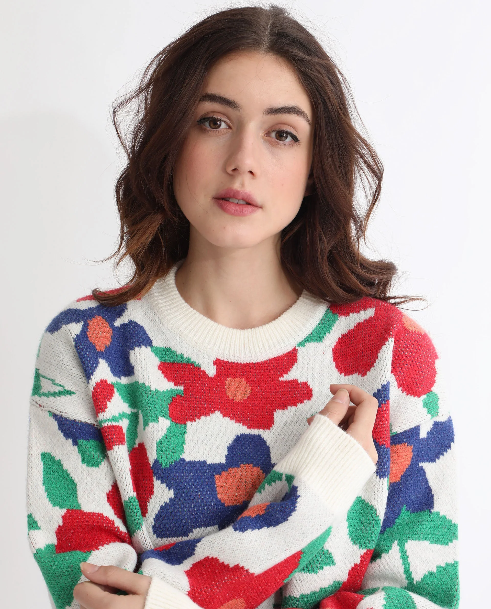 Rareism Women's Bennett Sheen Multi Acrylic Crew Neck Floral Print Relaxed Fit Sweater - Image 11
