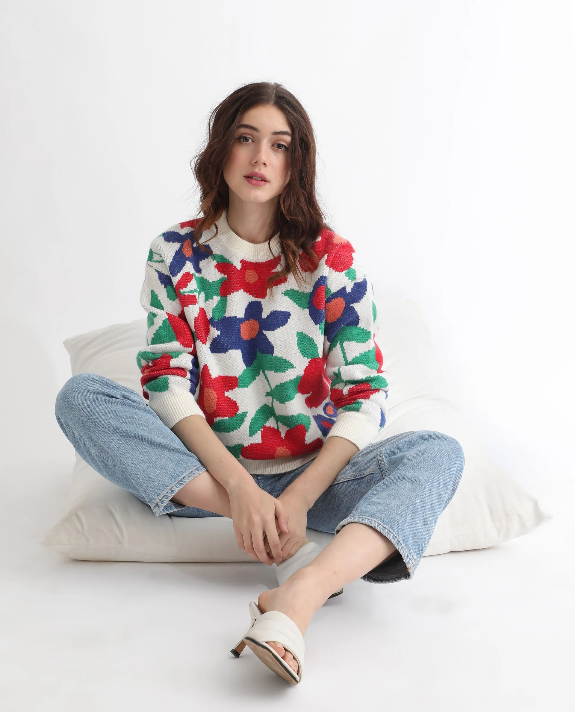 Rareism Women's Bennett Sheen Multi Acrylic Crew Neck Floral Print Relaxed Fit Sweater - Image 13