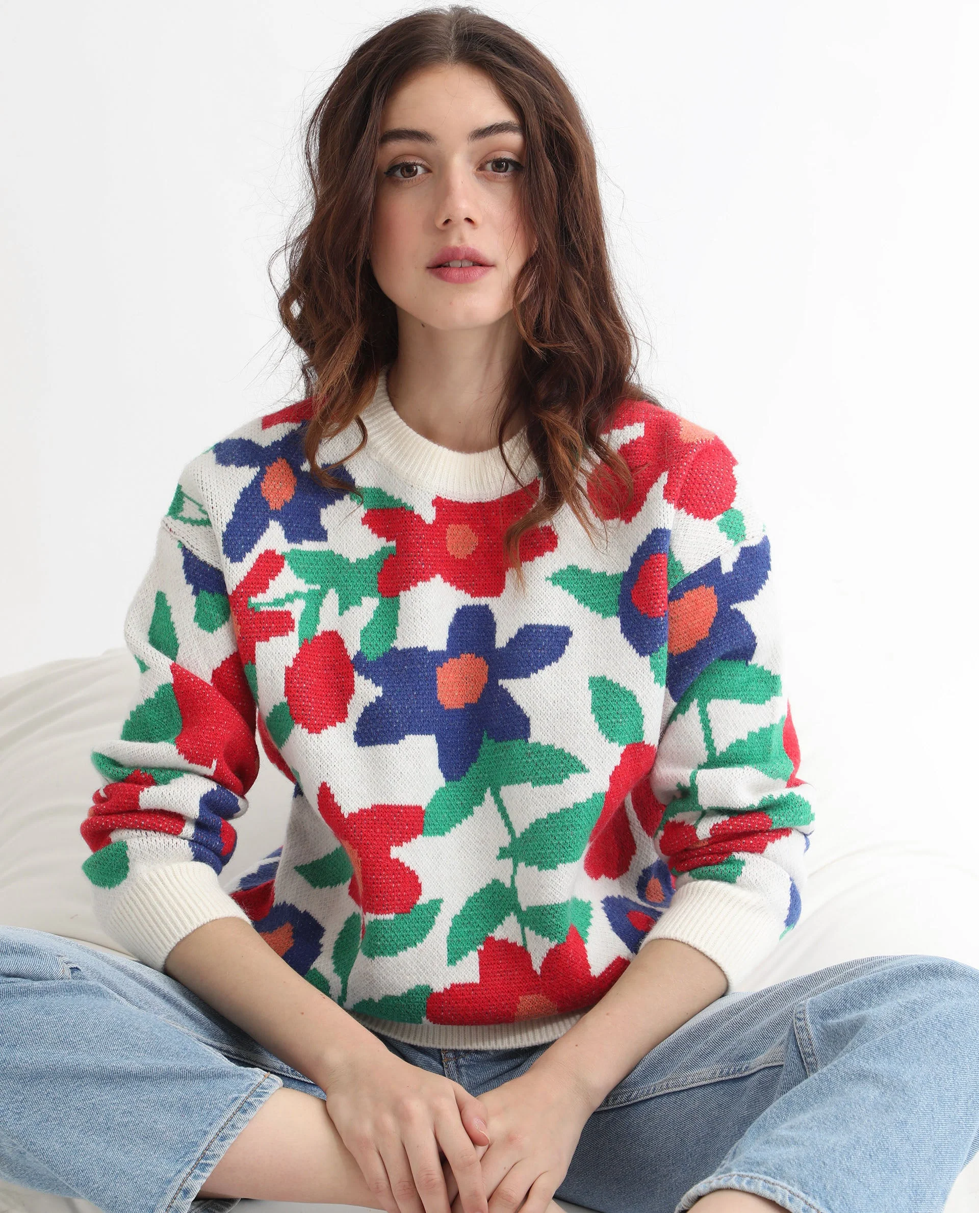 Rareism Women's Bennett Sheen Multi Acrylic Crew Neck Floral Print Relaxed Fit Sweater - Image 14