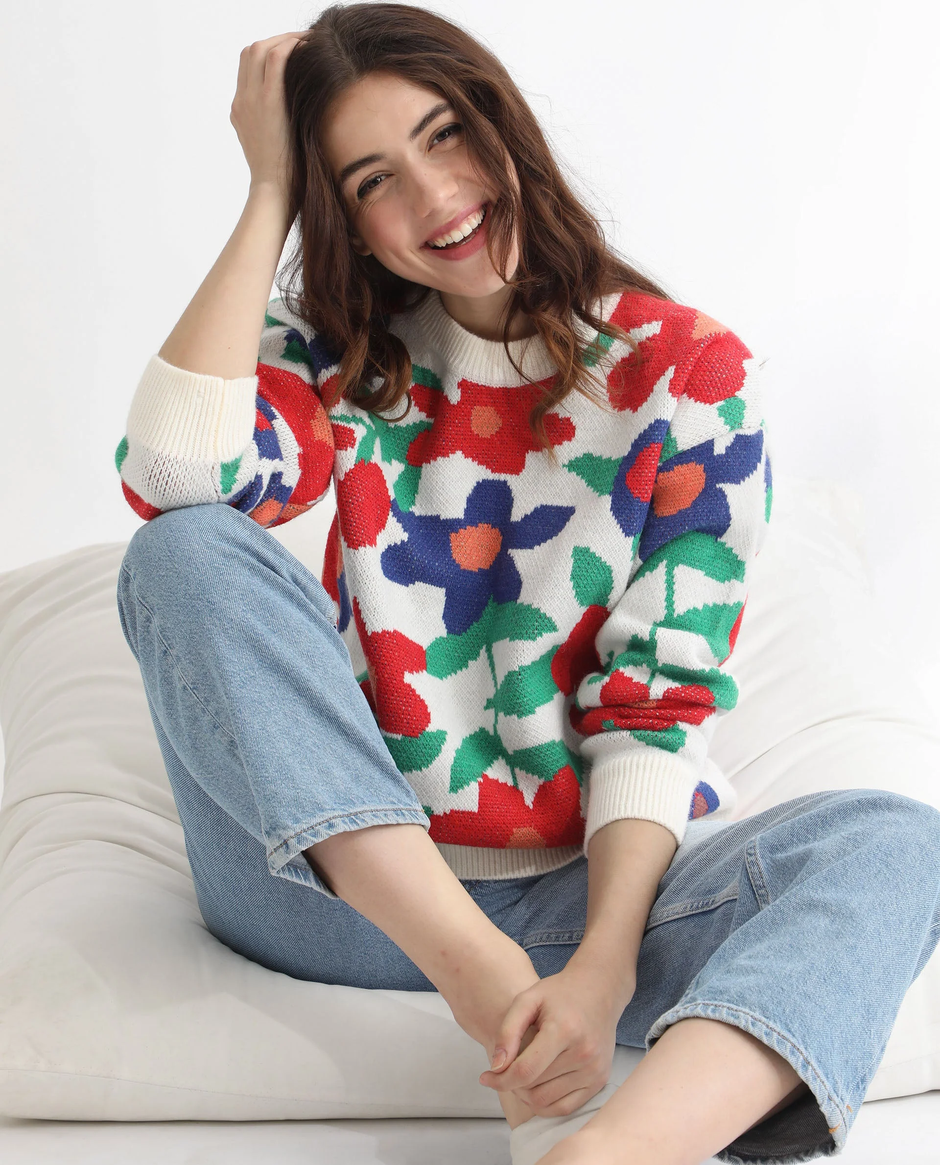 Rareism Women's Bennett Sheen Multi Acrylic Crew Neck Floral Print Relaxed Fit Sweater - Image 2