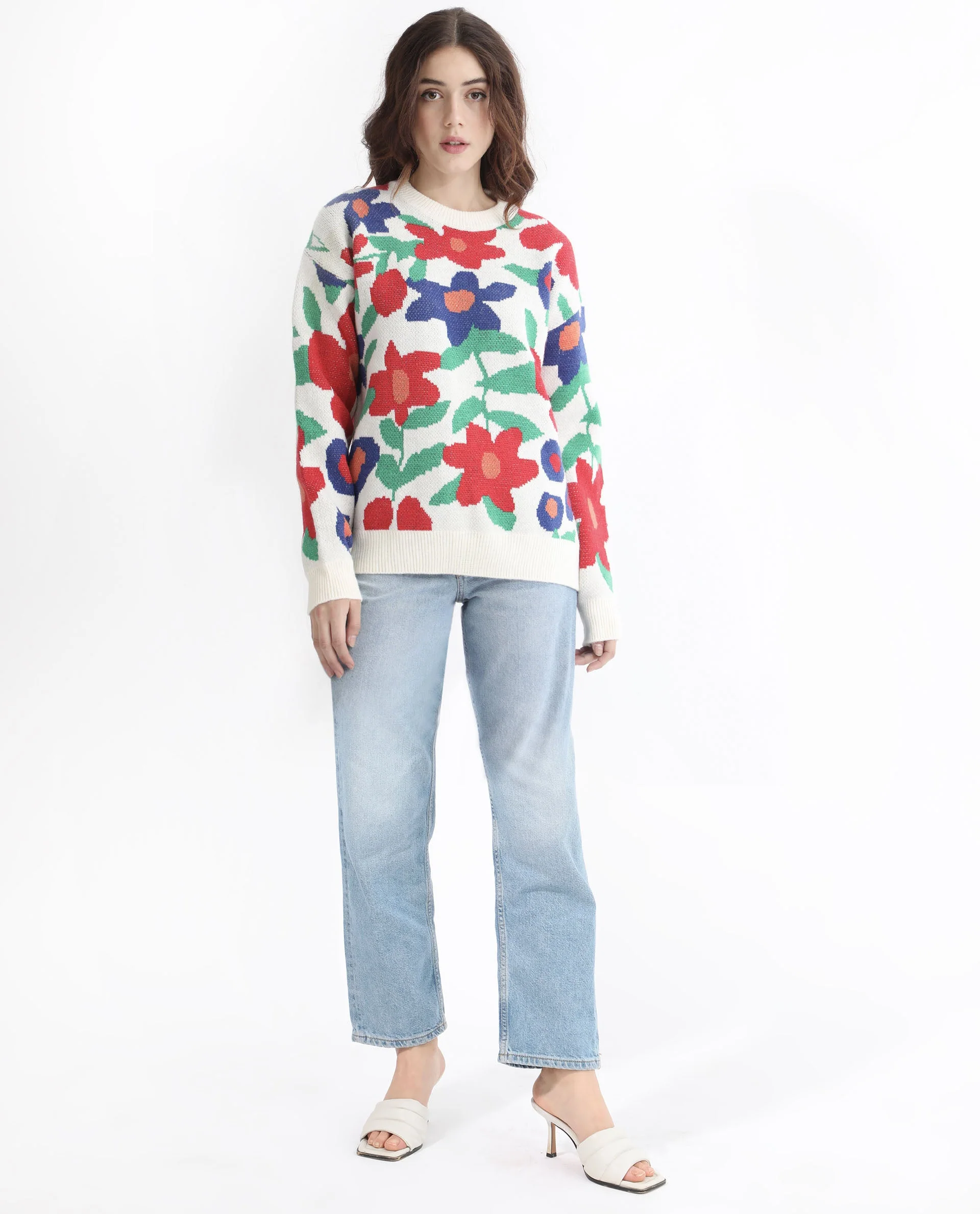 Rareism Women's Bennett Sheen Multi Acrylic Crew Neck Floral Print Relaxed Fit Sweater - Image 3