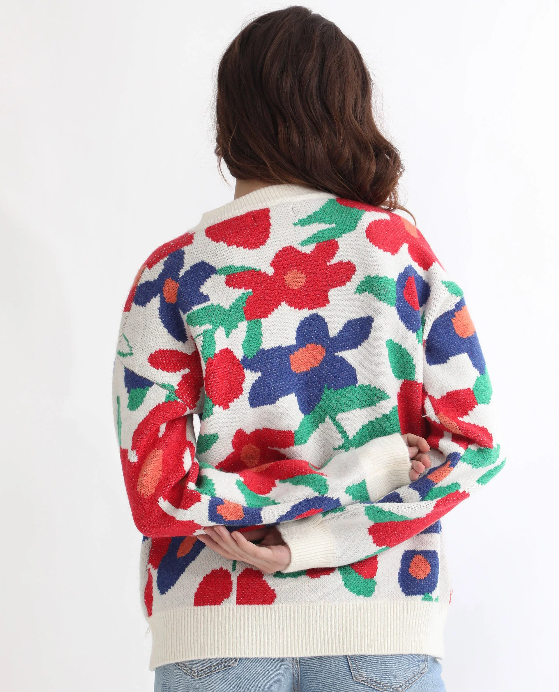 Rareism Women's Bennett Sheen Multi Acrylic Crew Neck Floral Print Relaxed Fit Sweater - Image 4