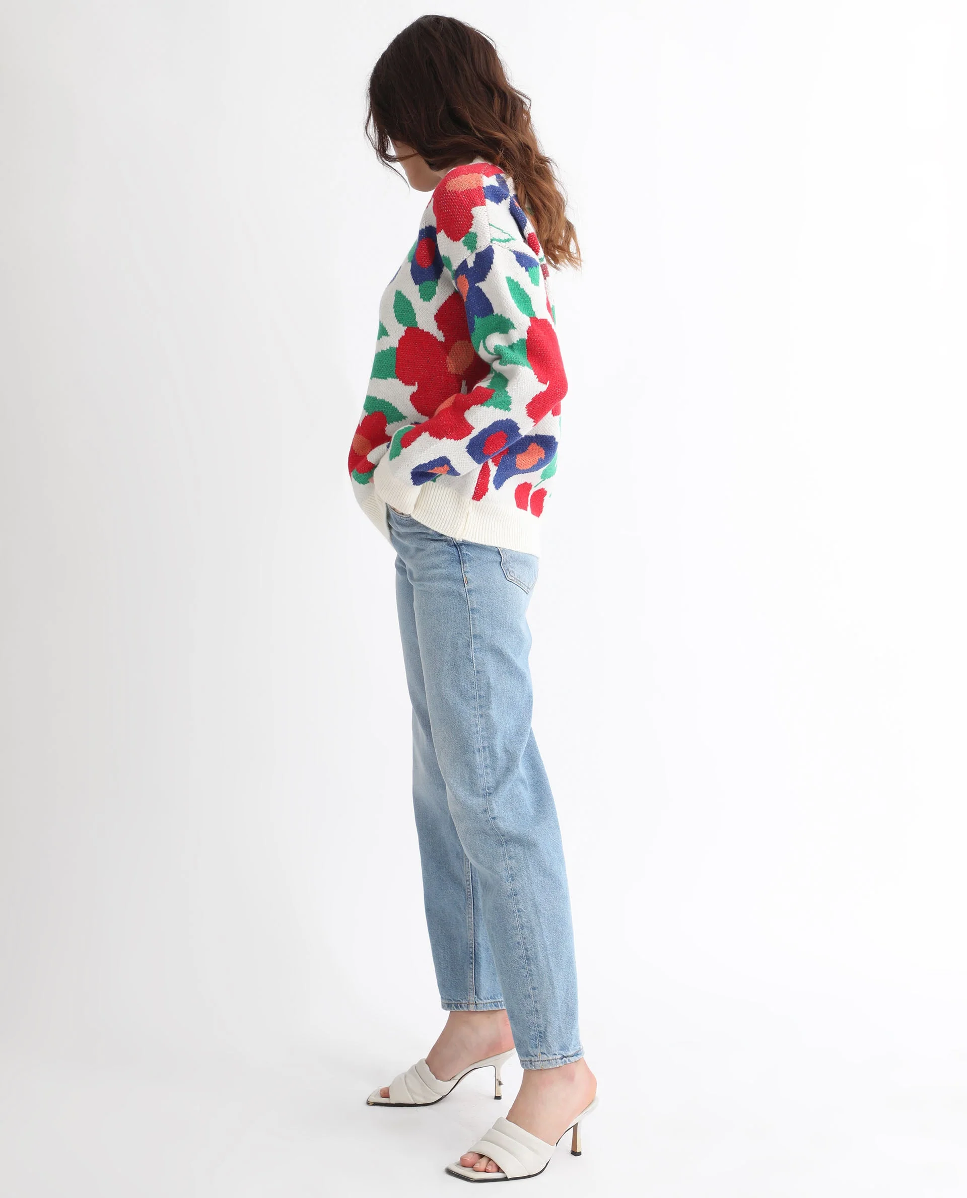 Rareism Women's Bennett Sheen Multi Acrylic Crew Neck Floral Print Relaxed Fit Sweater - Image 5