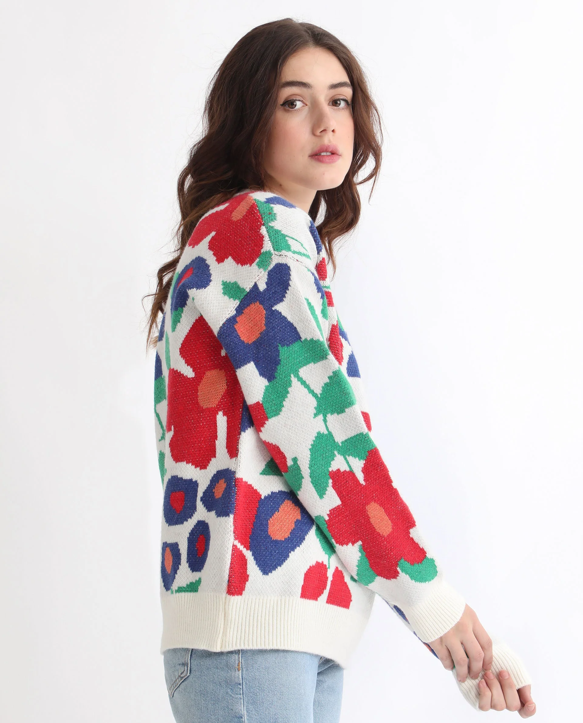 Rareism Women's Bennett Sheen Multi Acrylic Crew Neck Floral Print Relaxed Fit Sweater - Image 6