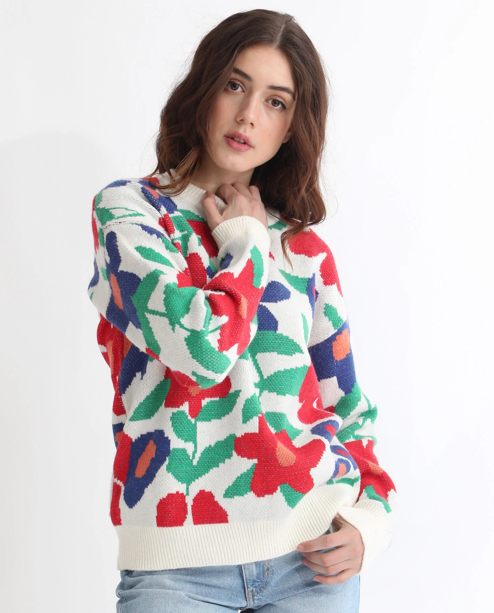 Rareism Women's Bennett Sheen Multi Acrylic Crew Neck Floral Print Relaxed Fit Sweater - Image 7