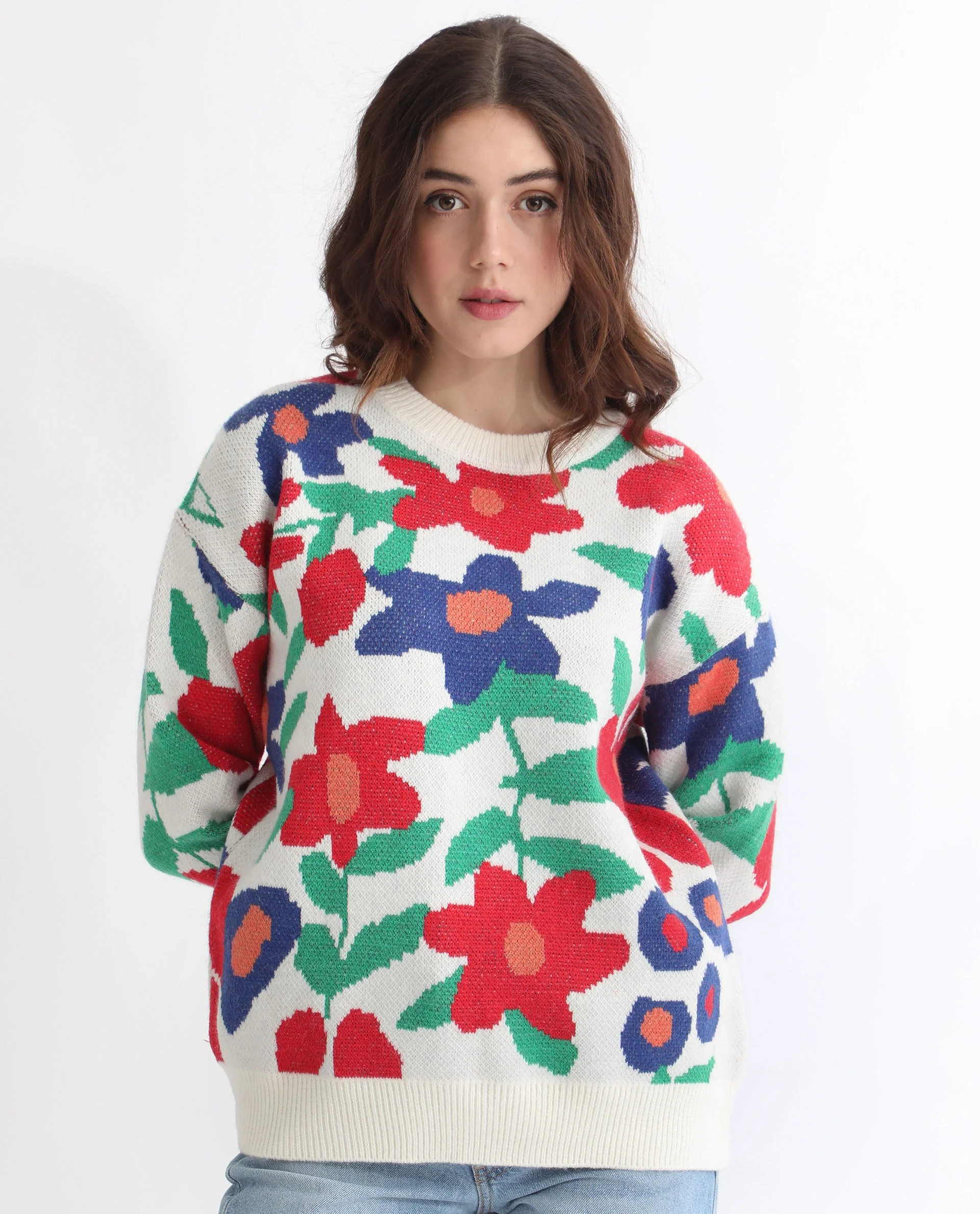 Rareism Women's Bennett Sheen Multi Acrylic Crew Neck Floral Print Relaxed Fit Sweater - Image 8