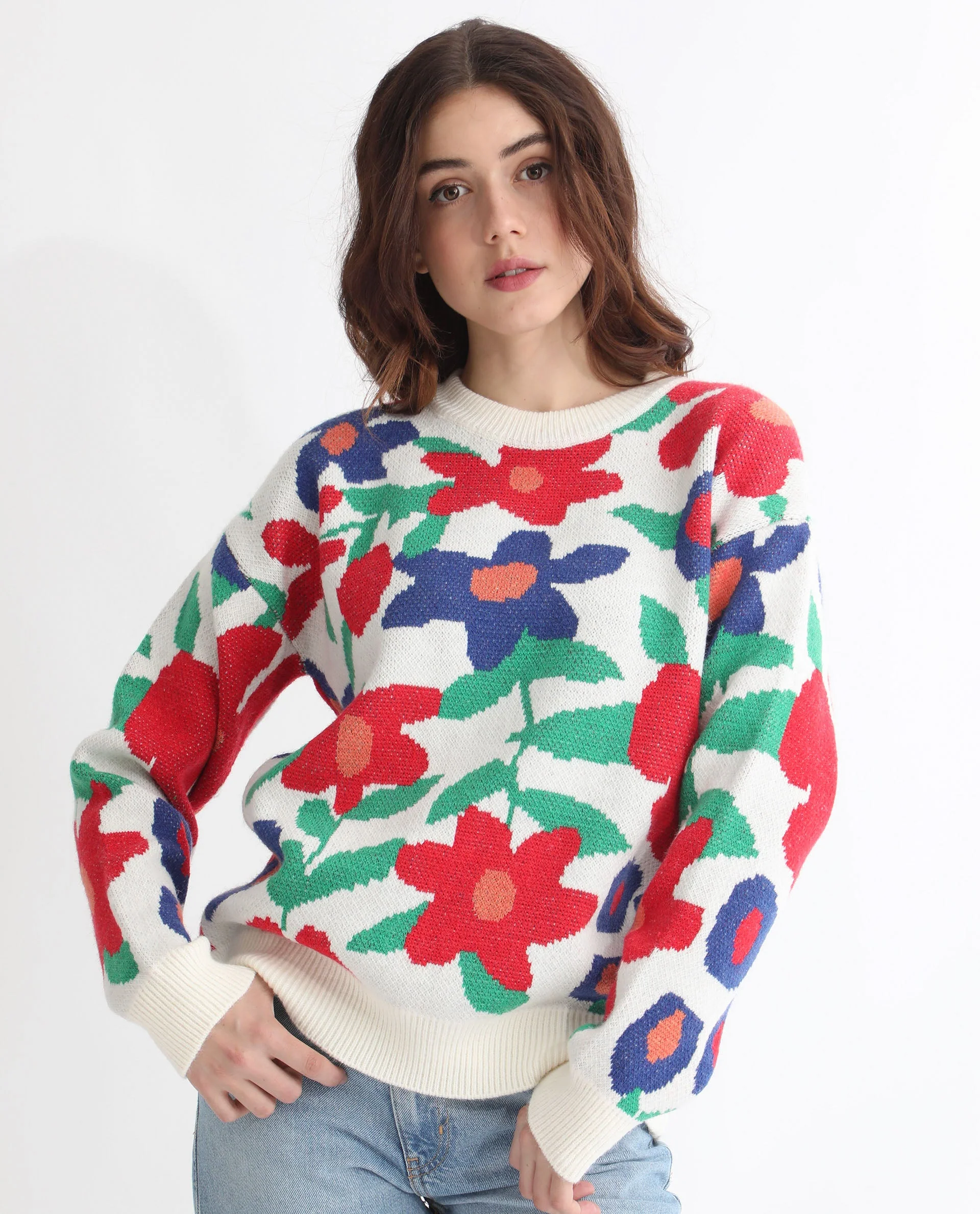 Rareism Women's Bennett Sheen Multi Acrylic Crew Neck Floral Print Relaxed Fit Sweater - Image 9