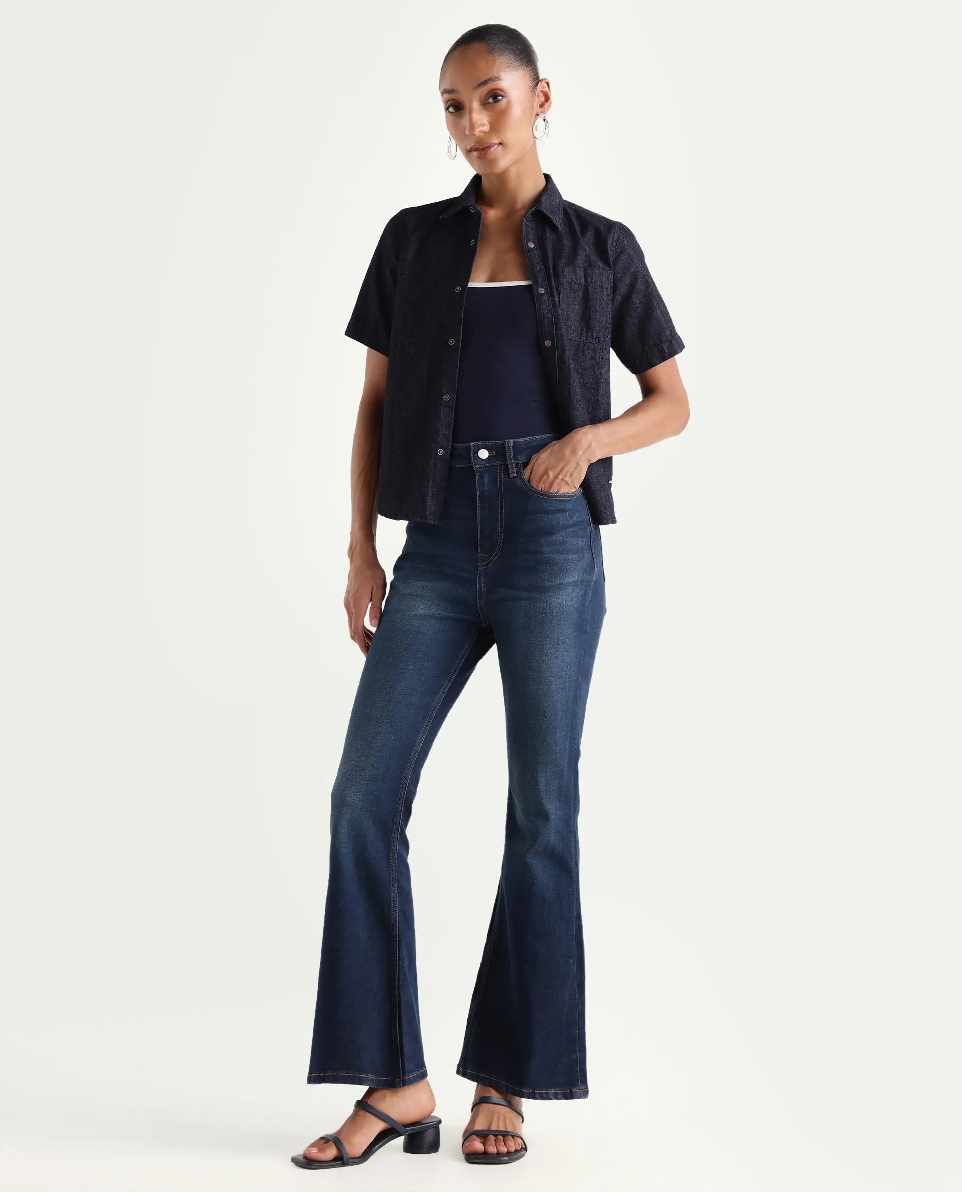 Rareism Women's Benod Dark Blue Cotton Blend Bootcut Plain Jeans