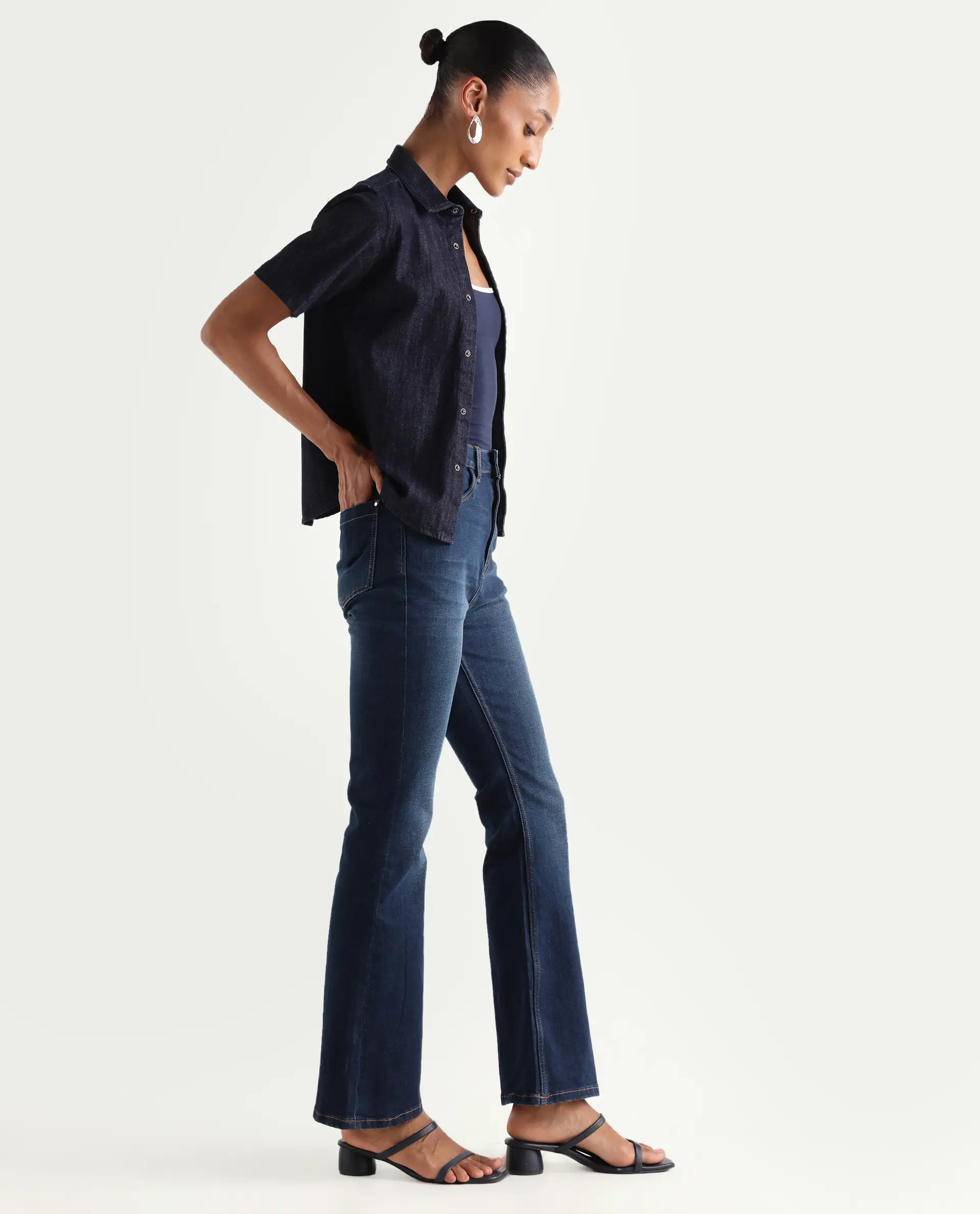Rareism Women's Benod Dark Blue Cotton Blend Bootcut Plain Jeans - Image 4