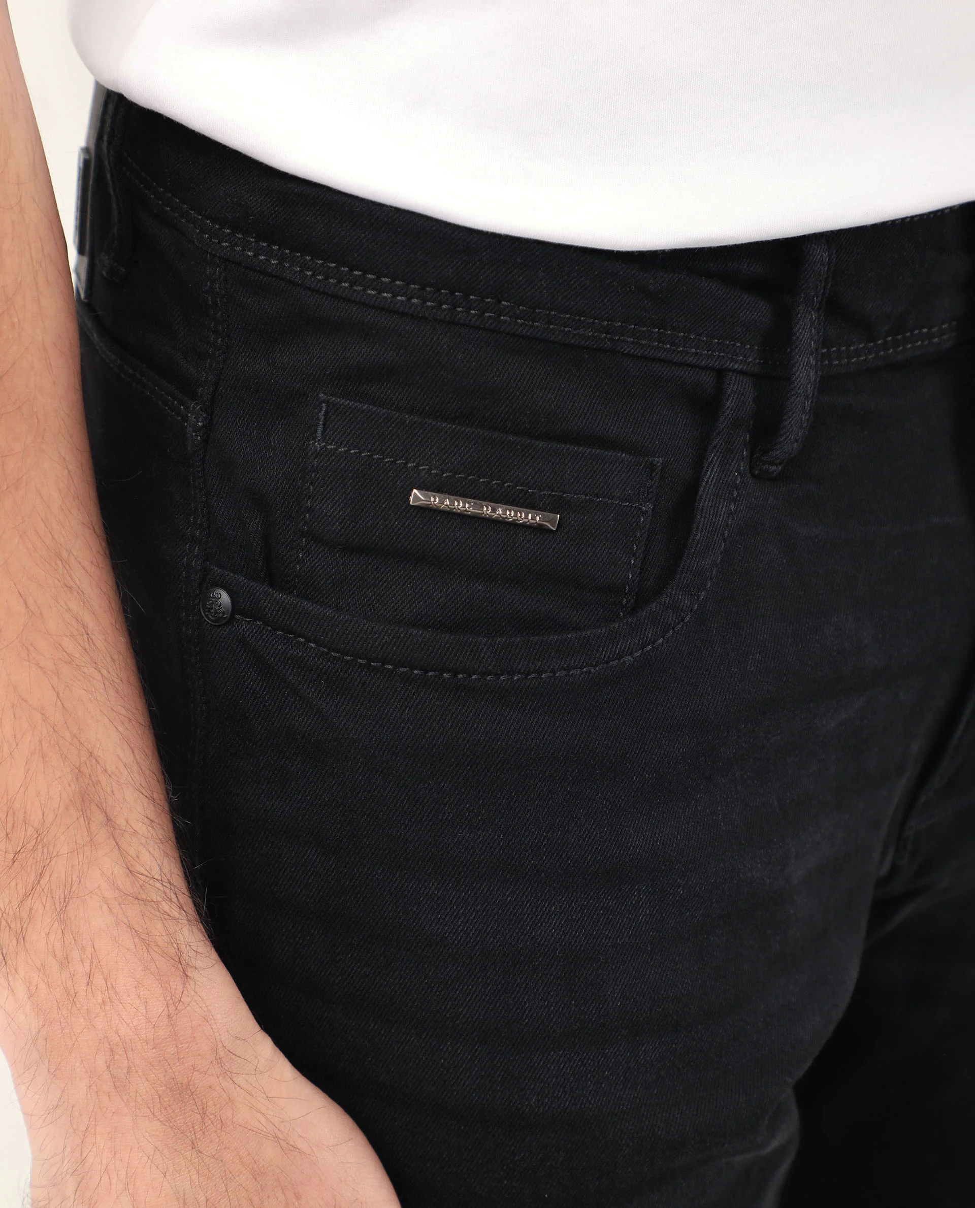Rare Rabbit Men's Benoit Black Cotton Plain Hawk Slim Fit Jeans - Image 2