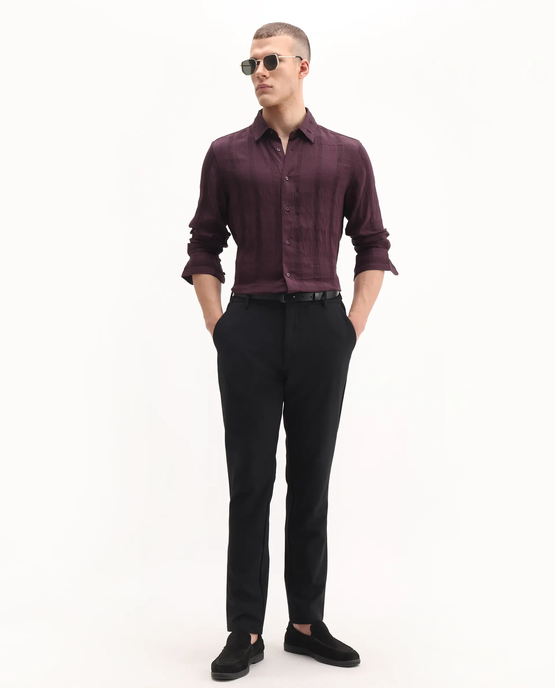 Rare Rabbit Men's Benon-25 Dark Maroon Viscose Blend Striped Print Regular Fit Full Sleeve Spread Collar Shirt - Image 2