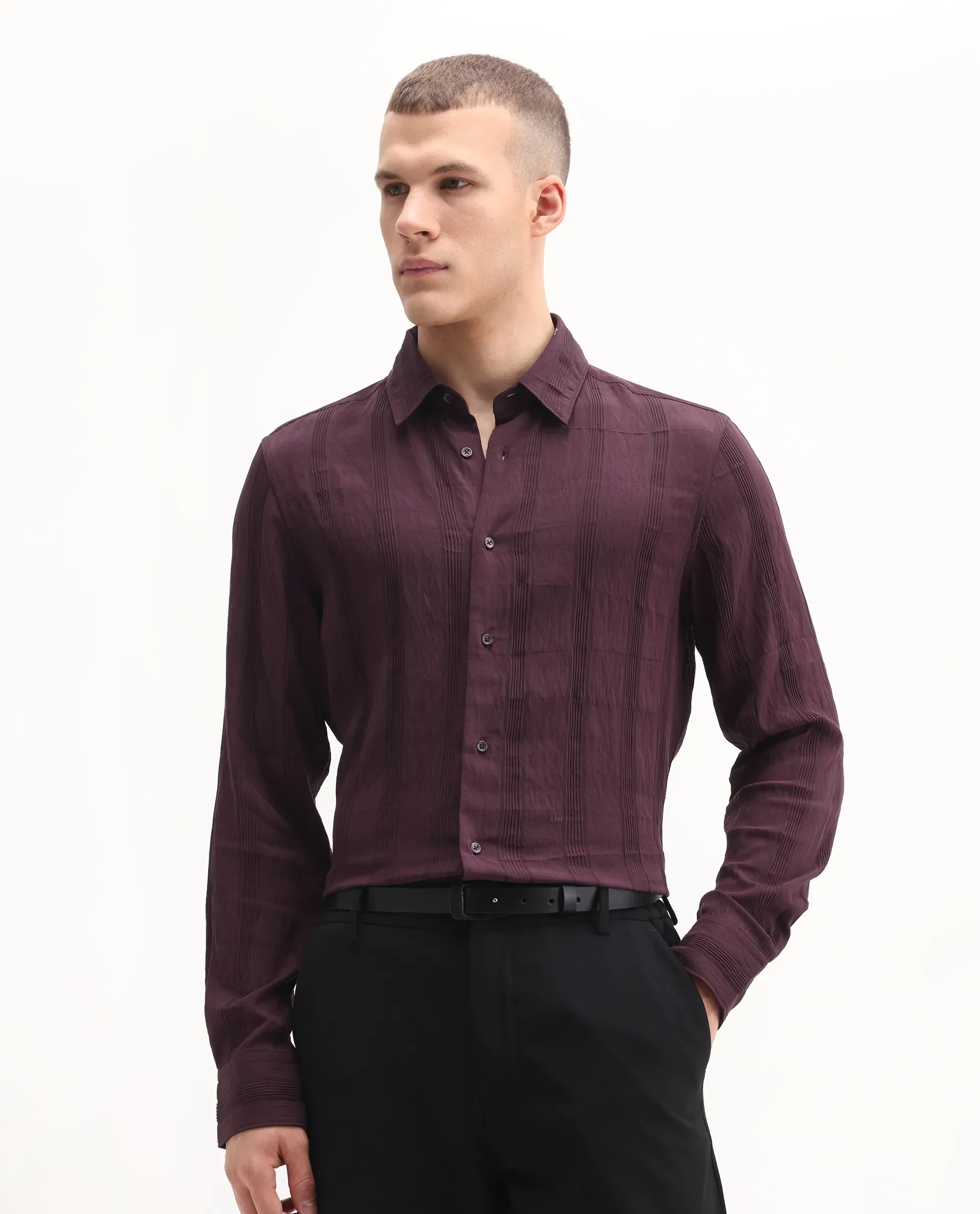 Rare Rabbit Men's Benon-25 Dark Maroon Viscose Blend Striped Print Regular Fit Full Sleeve Spread Collar Shirt - Image 4