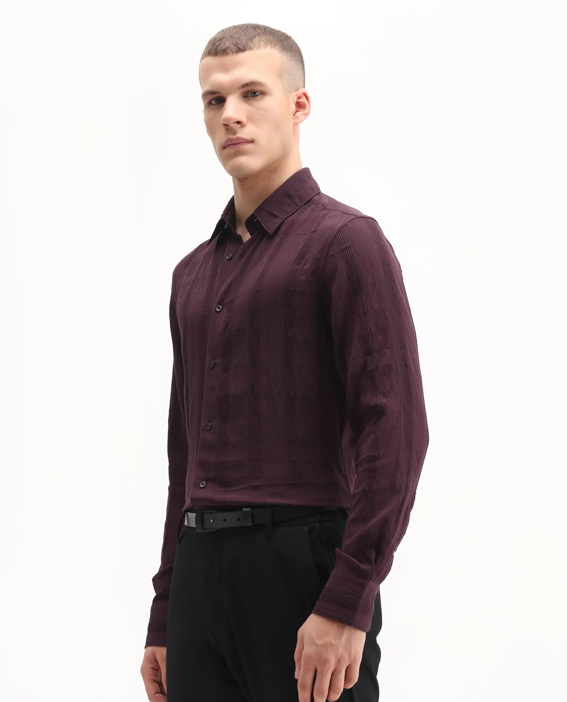 Rare Rabbit Men's Benon-25 Dark Maroon Viscose Blend Striped Print Regular Fit Full Sleeve Spread Collar Shirt - Image 5