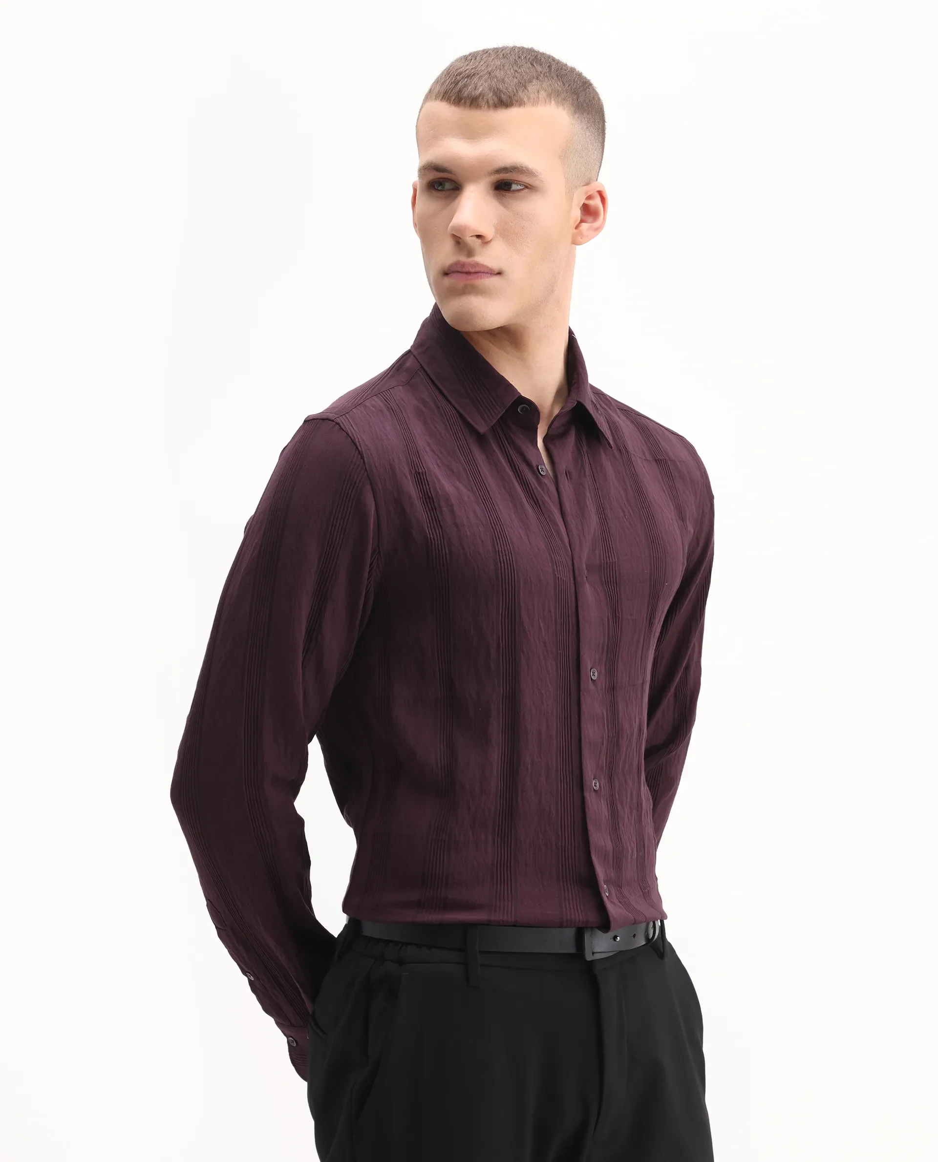 Rare Rabbit Men's Benon-25 Dark Maroon Viscose Blend Striped Print Regular Fit Full Sleeve Spread Collar Shirt - Image 6
