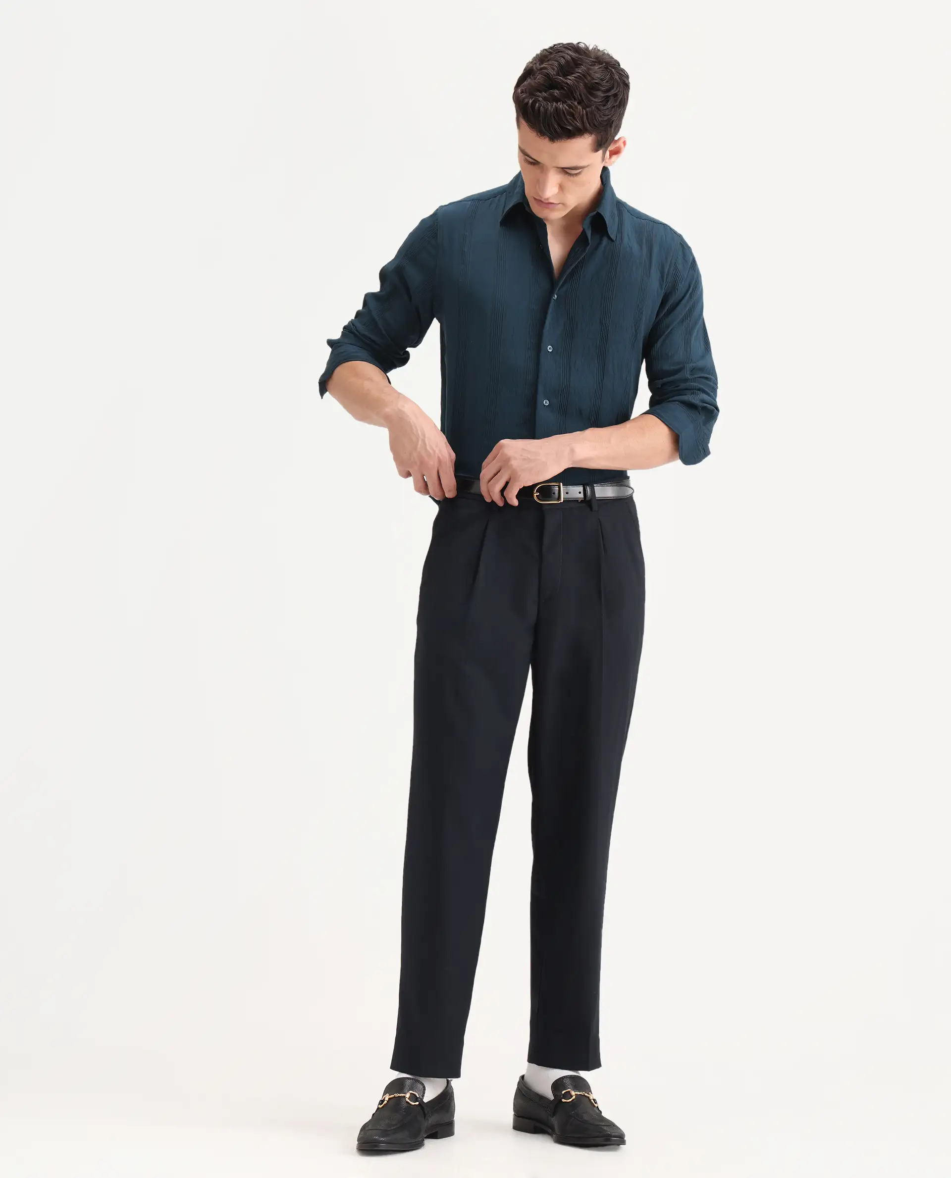 Rare Rabbit Men's Benon-25 Dark Teal Viscose Blend Striped Print Regular Fit Full Sleeve Spread Collar Shirt - Image 2
