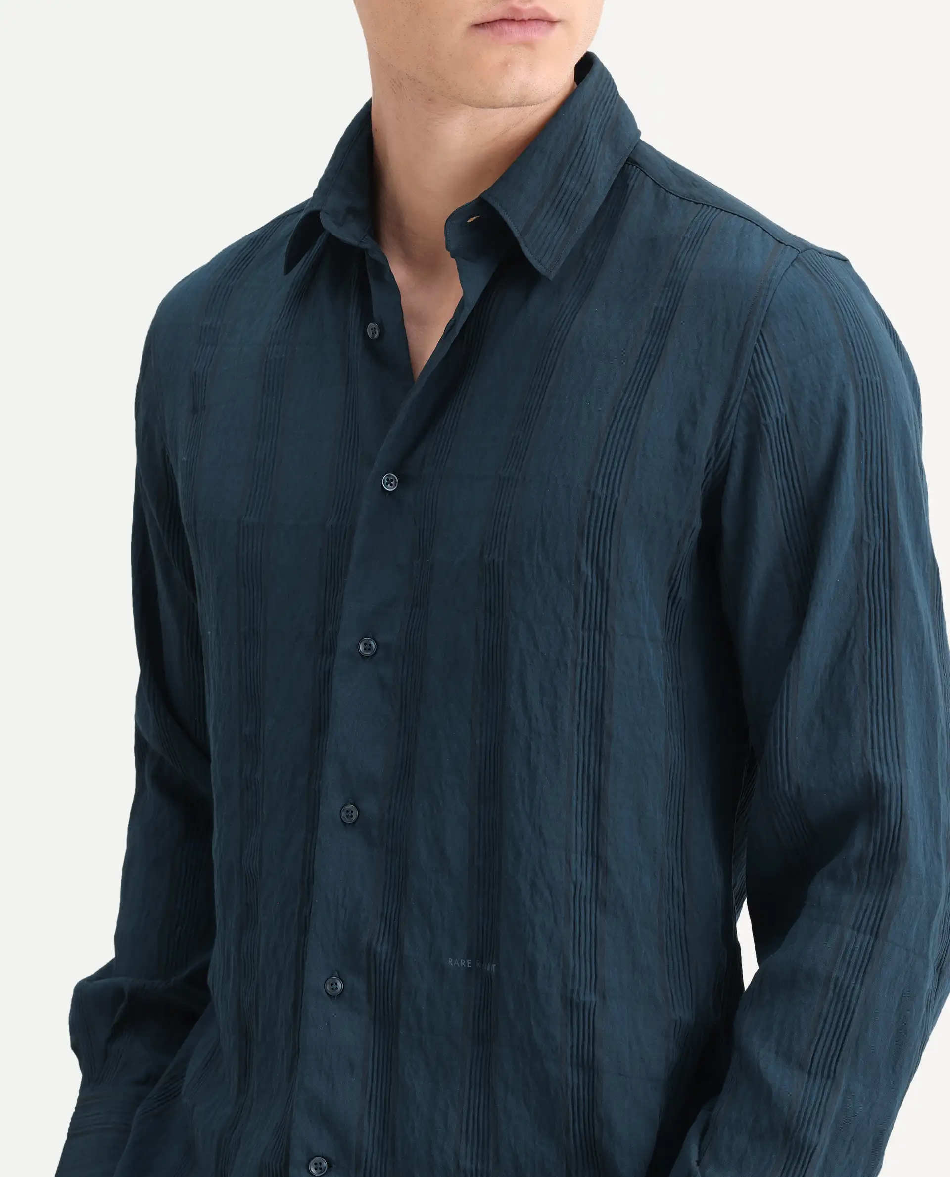 Rare Rabbit Men's Benon-25 Dark Teal Viscose Blend Striped Print Regular Fit Full Sleeve Spread Collar Shirt - Image 3