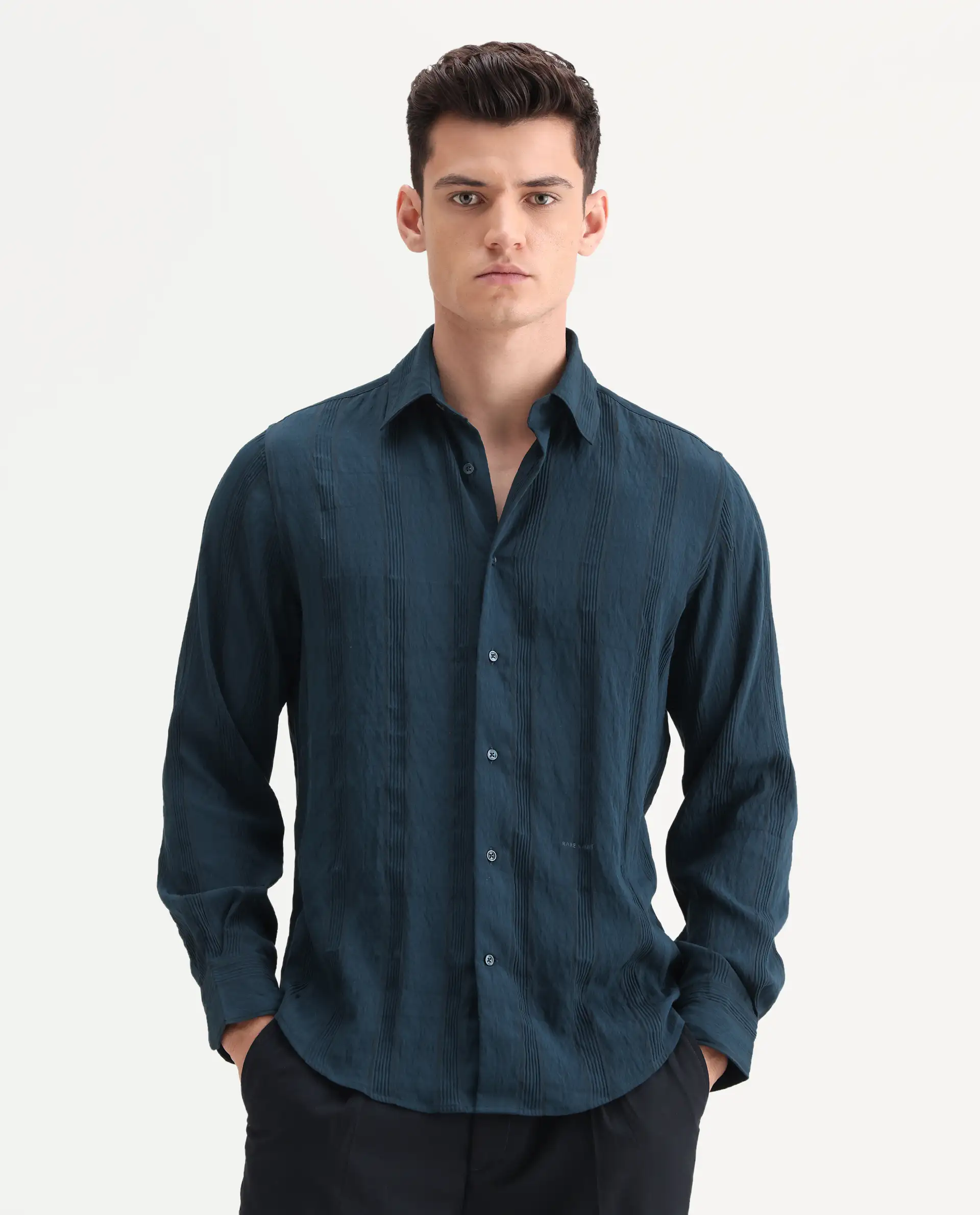 Rare Rabbit Men's Benon-25 Dark Teal Viscose Blend Striped Print Regular Fit Full Sleeve Spread Collar Shirt - Image 4