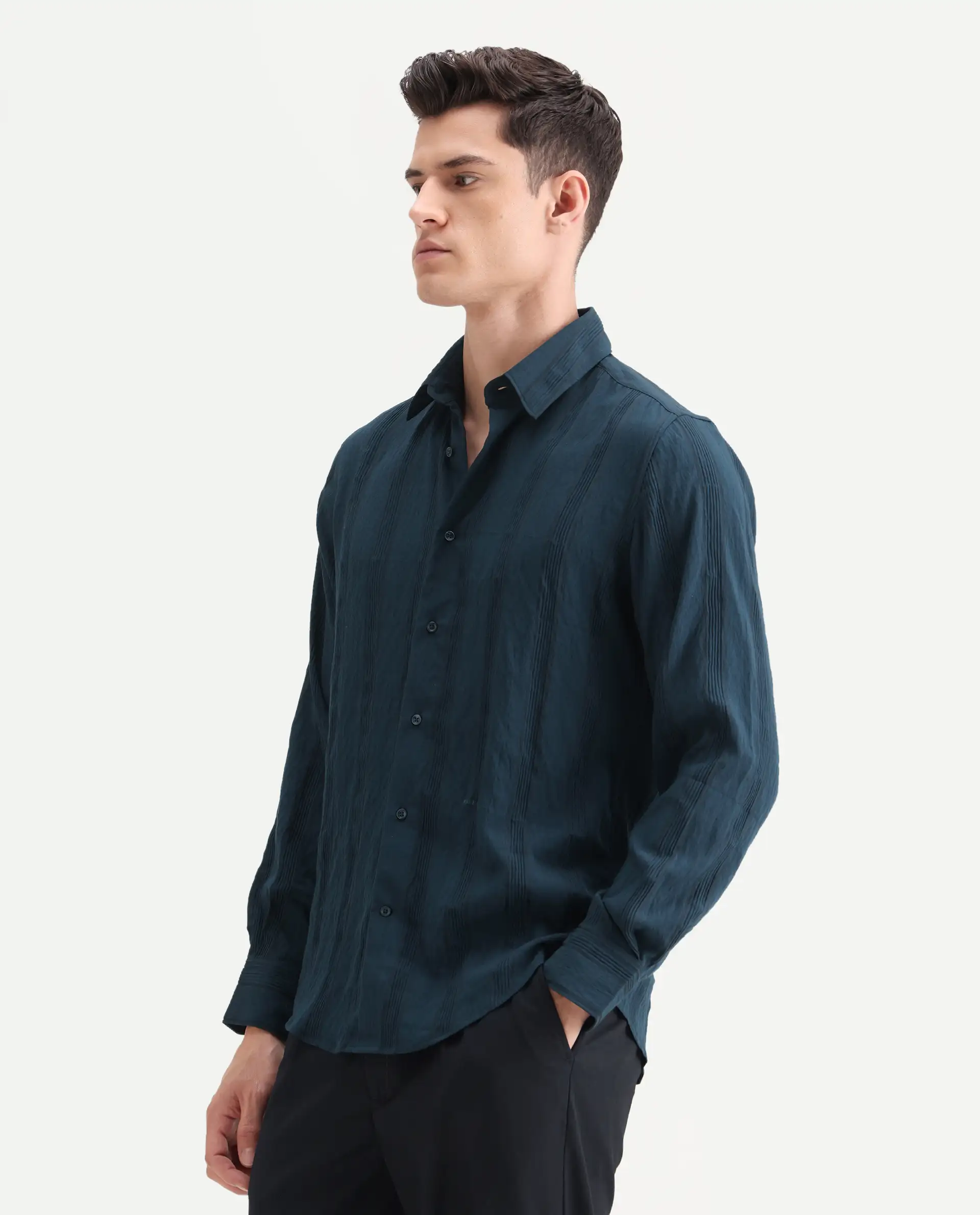Rare Rabbit Men's Benon-25 Dark Teal Viscose Blend Striped Print Regular Fit Full Sleeve Spread Collar Shirt - Image 5