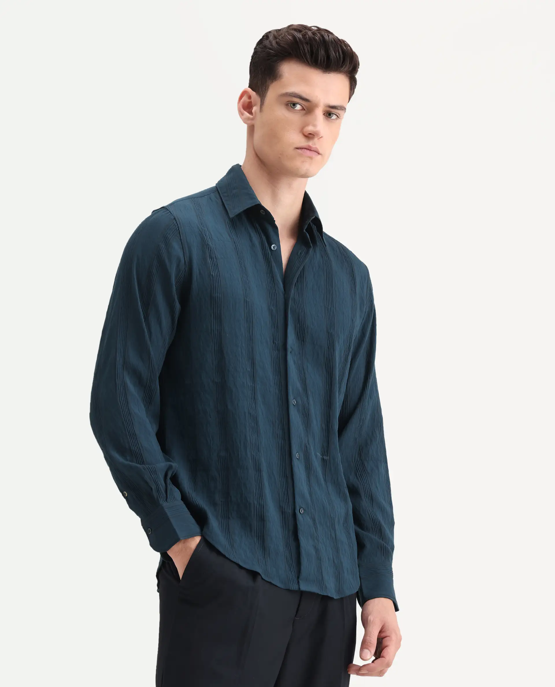 Rare Rabbit Men's Benon-25 Dark Teal Viscose Blend Striped Print Regular Fit Full Sleeve Spread Collar Shirt - Image 6