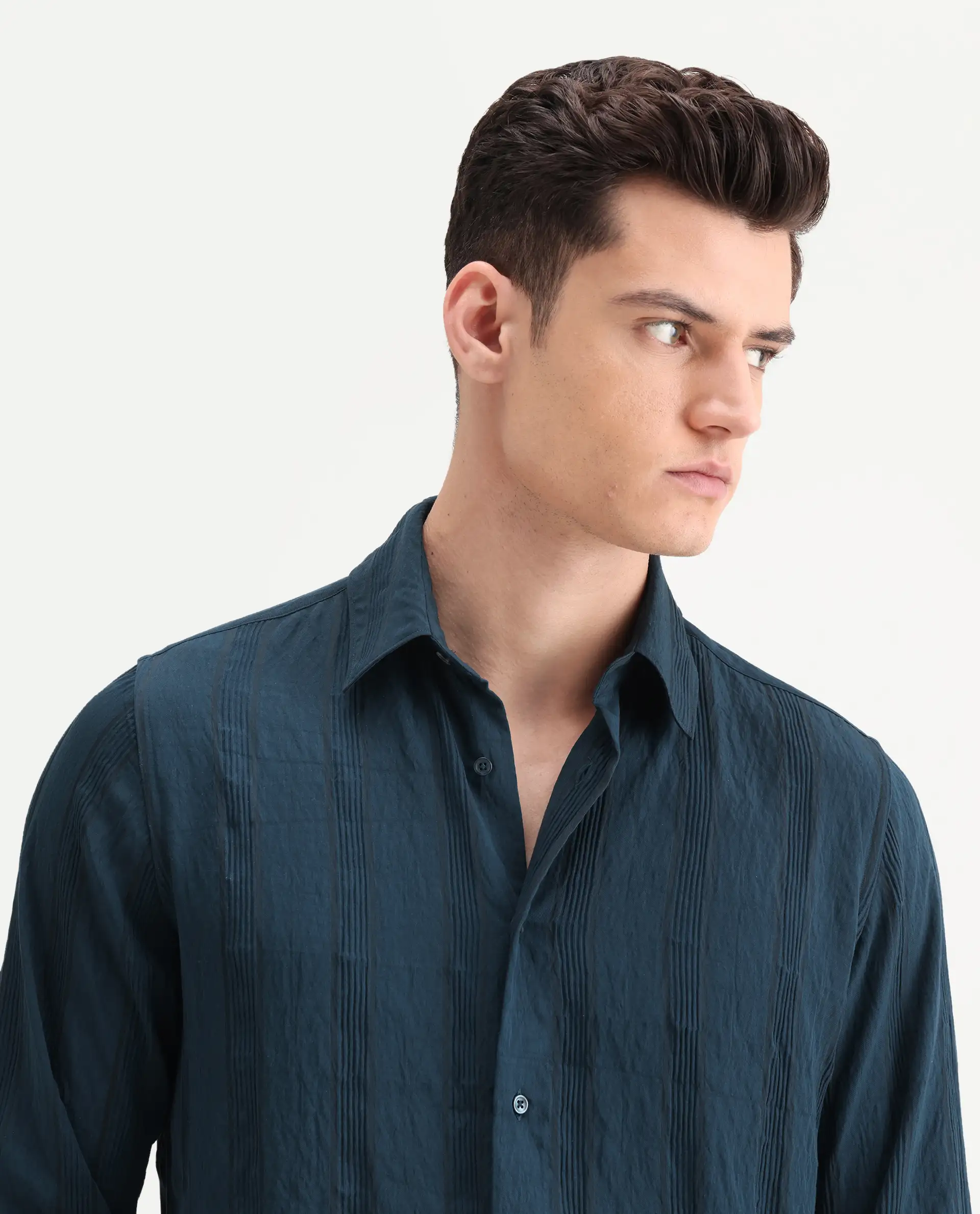 Rare Rabbit Men's Benon-25 Dark Teal Viscose Blend Striped Print Regular Fit Full Sleeve Spread Collar Shirt - Image 7
