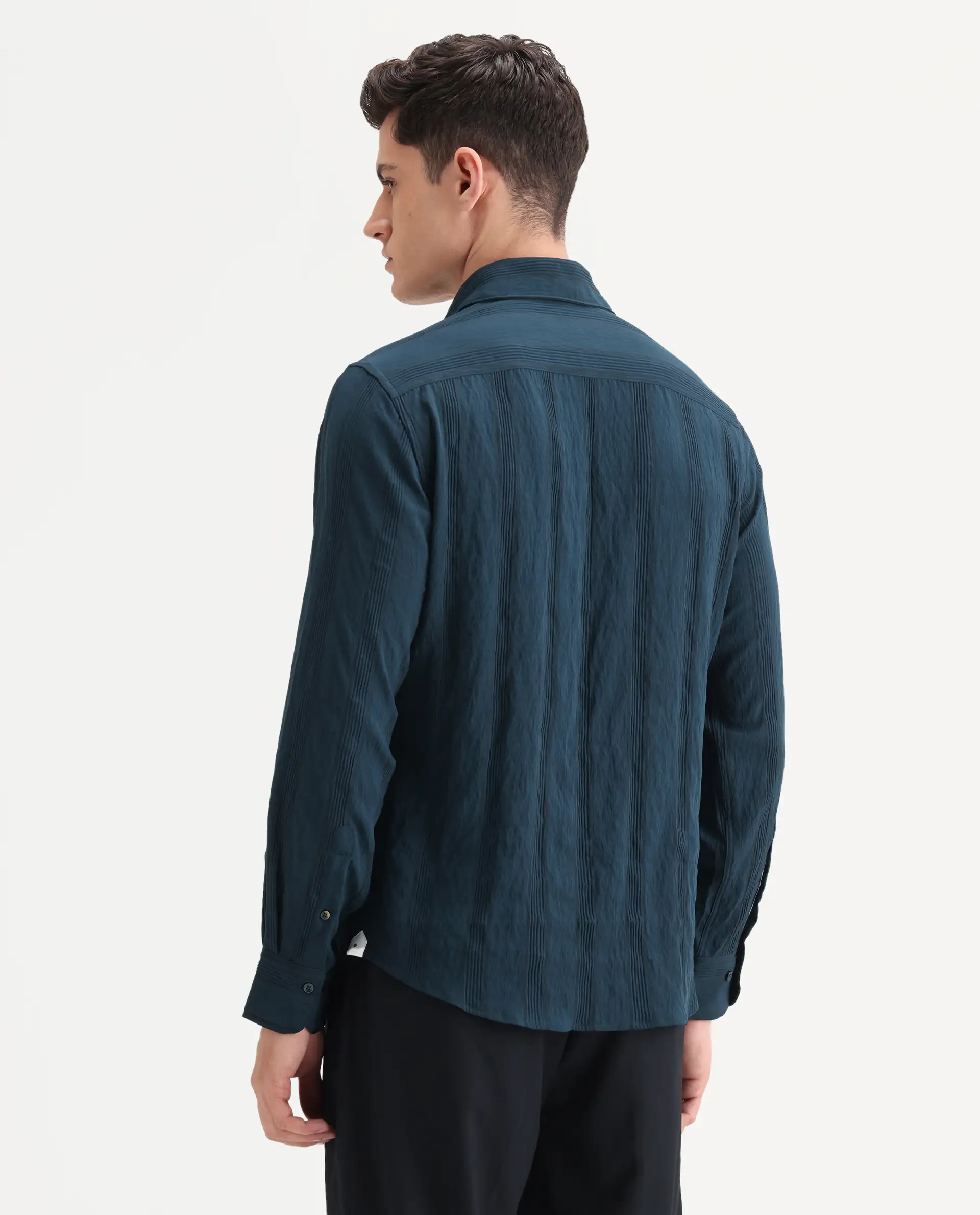 Rare Rabbit Men's Benon-25 Dark Teal Viscose Blend Striped Print Regular Fit Full Sleeve Spread Collar Shirt - Image 8