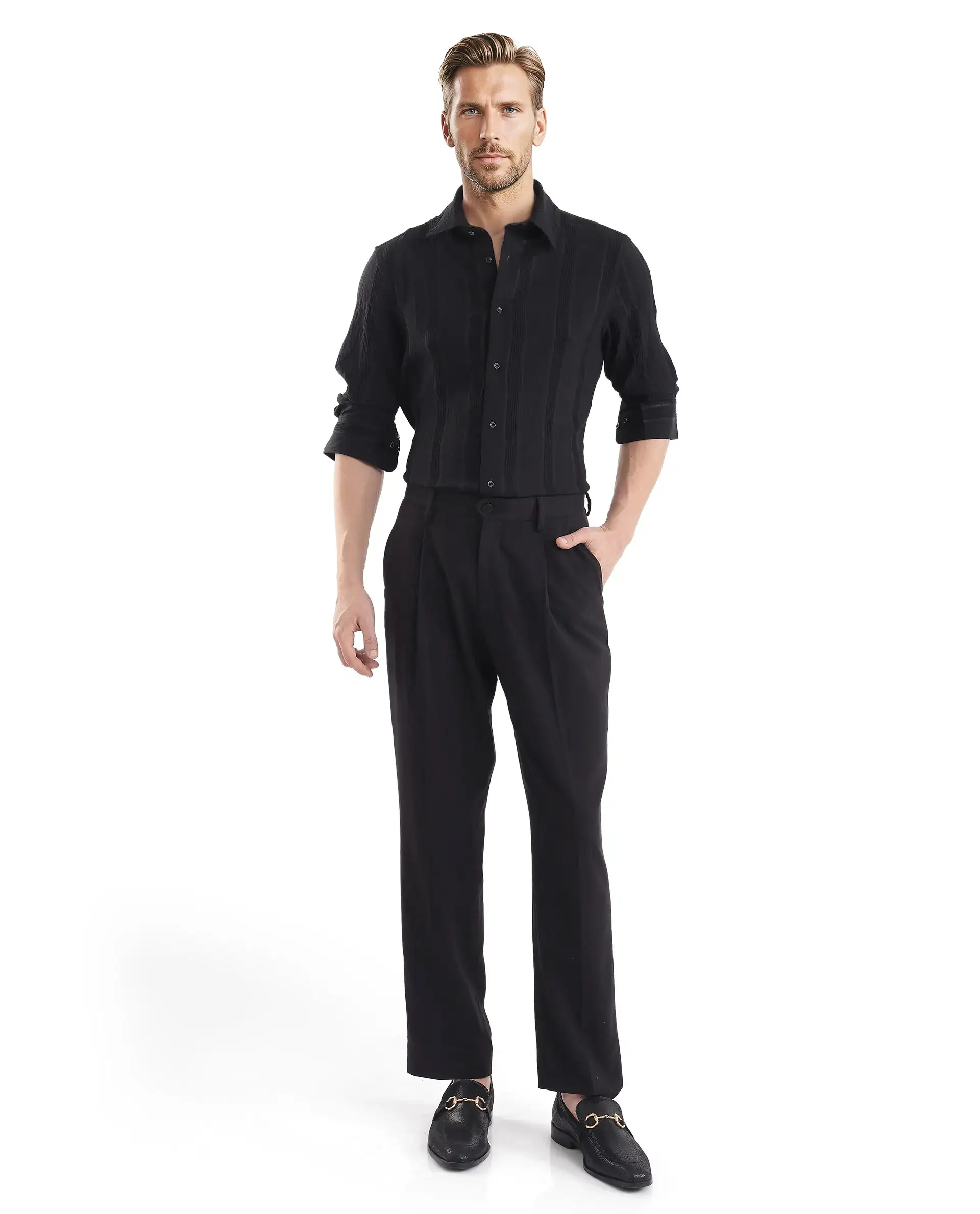 Rare Rabbit Men's Benon Black Viscose Blend Striped Print Regular Fit Full Sleeve Collared Shirt - Image 2