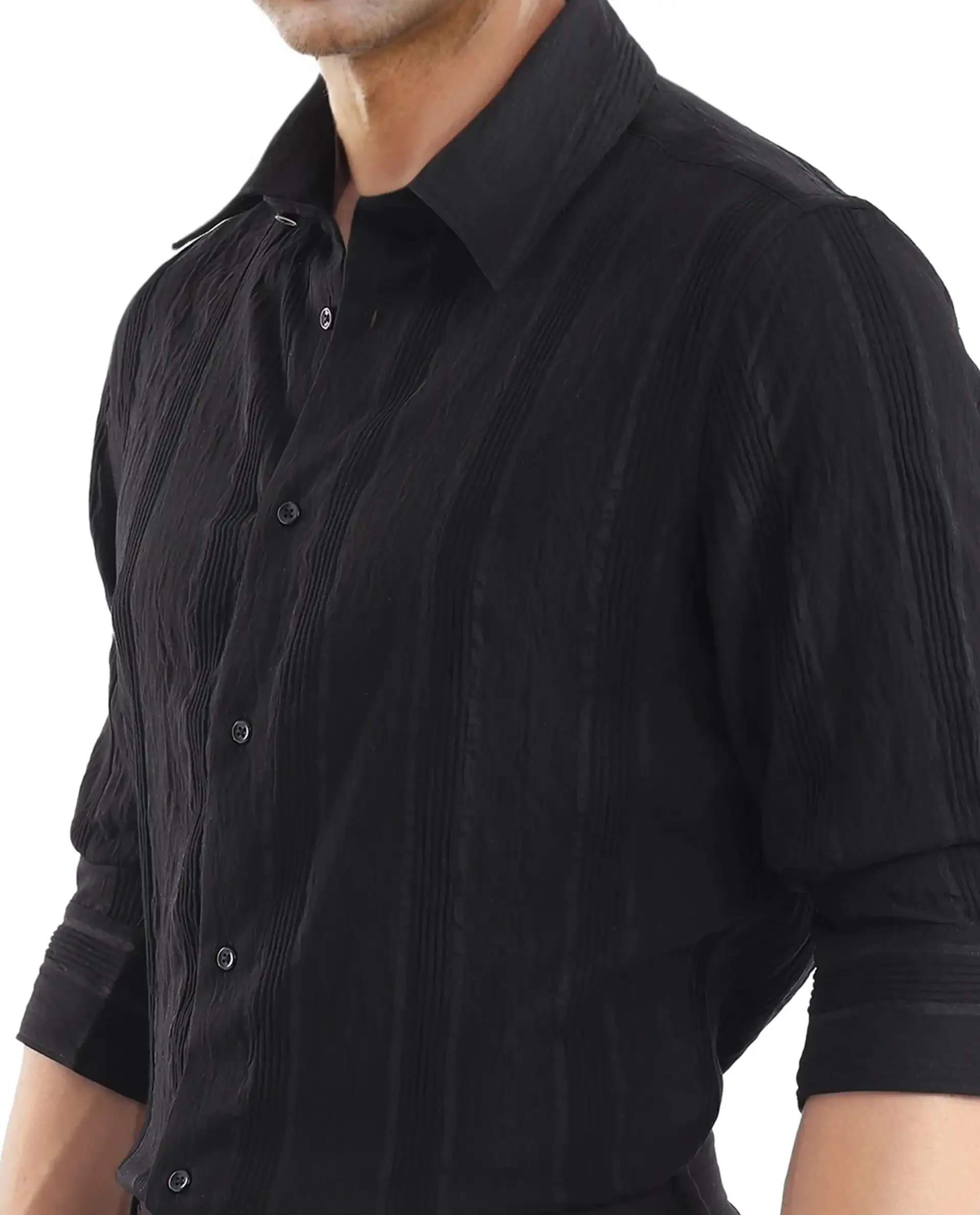 Rare Rabbit Men's Benon Black Viscose Blend Striped Print Regular Fit Full Sleeve Collared Shirt - Image 5