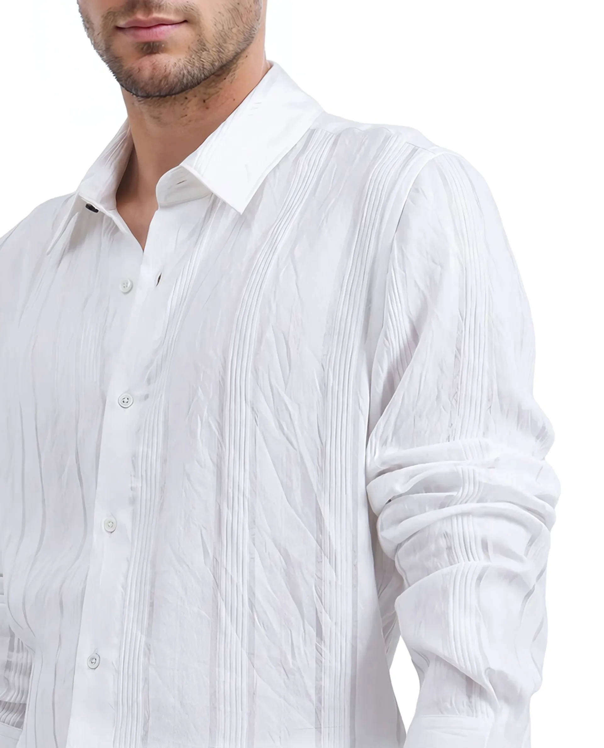 Rare Rabbit Men's Benon White Viscose Blend Striped Print Regular Fit Full Sleeve Collared Shirt - Image 4