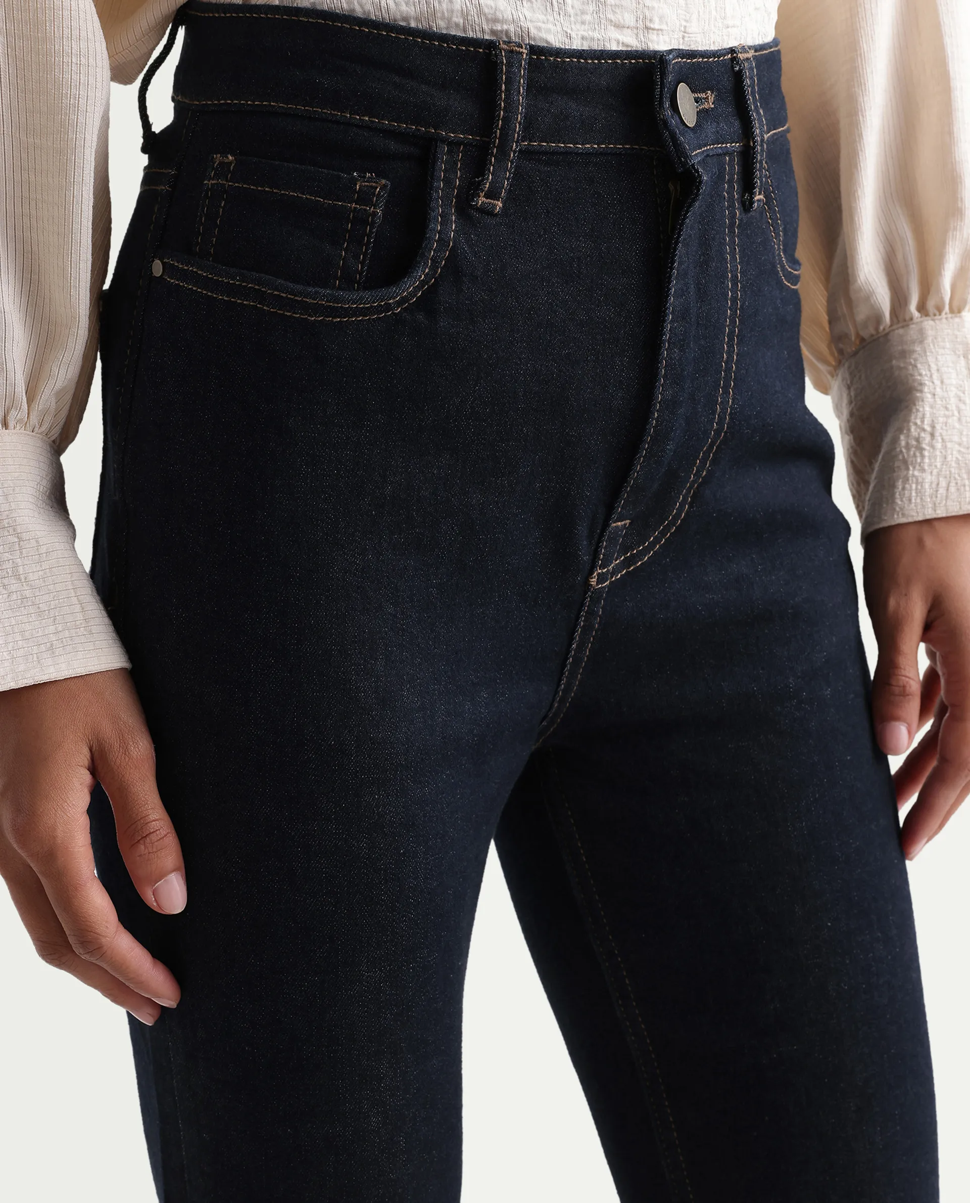 Rareism Women's Benon Dark Navy Cotton Blend Bootcut Plain Jeans - Image 4
