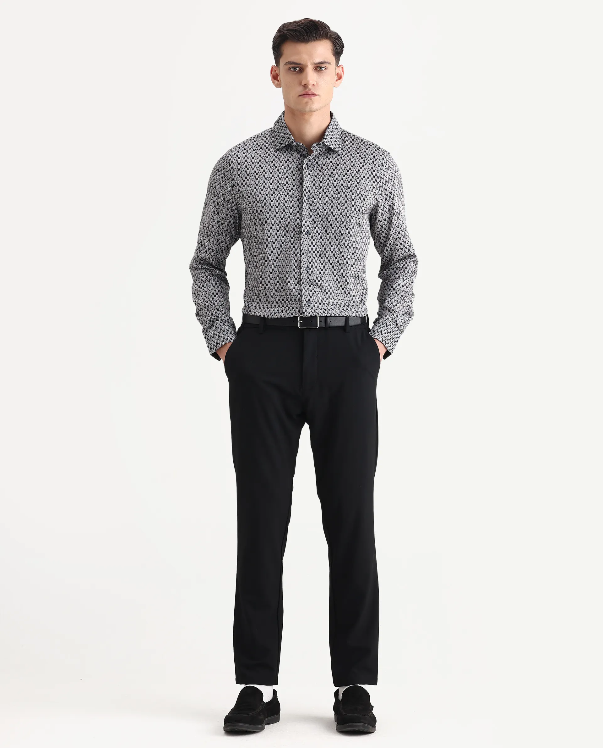 Rare Rabbit Men's Benor Grey Satin Abstract Print Regular Fit Full Sleeve Collared Shirt - Image 2