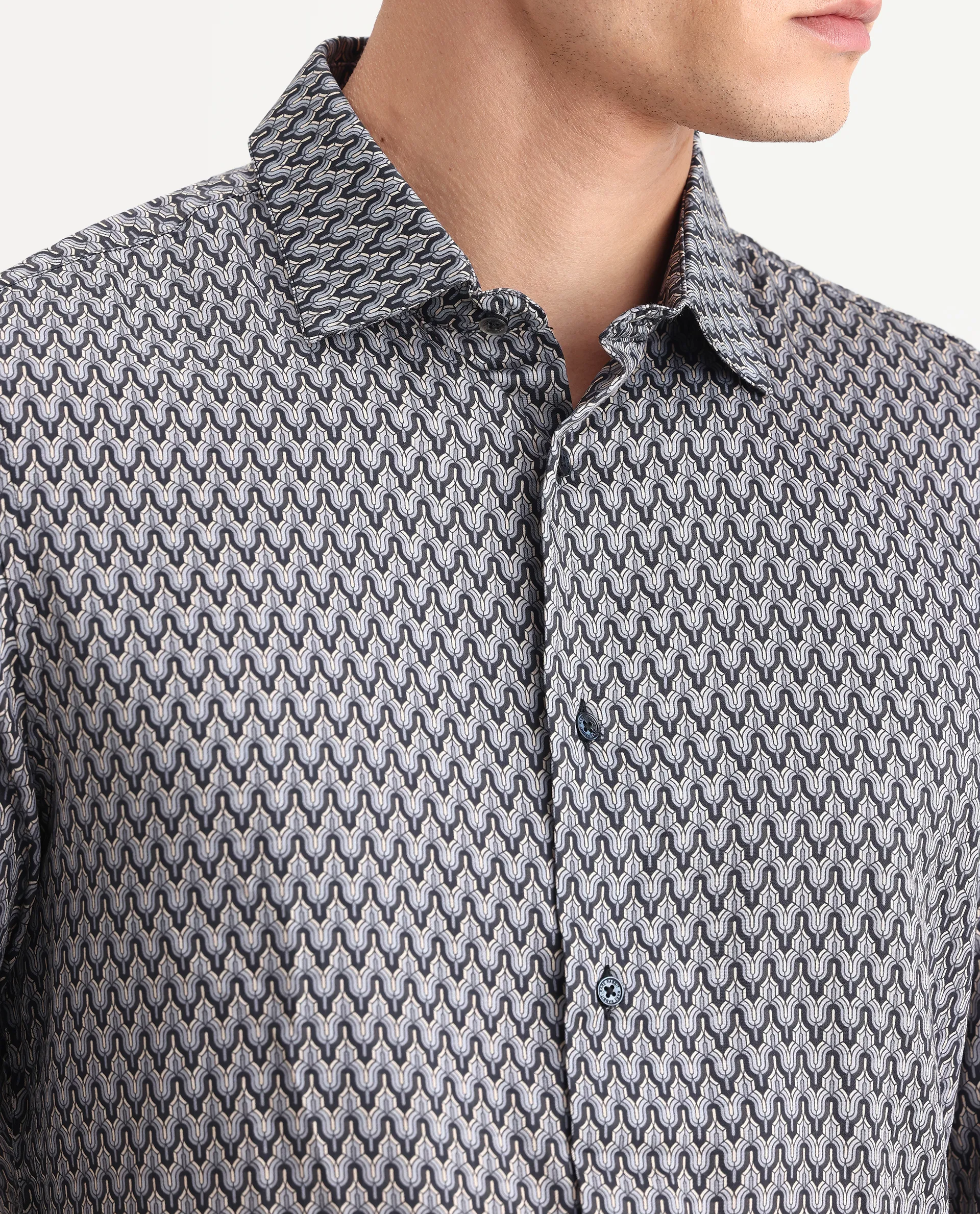 Rare Rabbit Men's Benor Grey Satin Abstract Print Regular Fit Full Sleeve Collared Shirt - Image 3