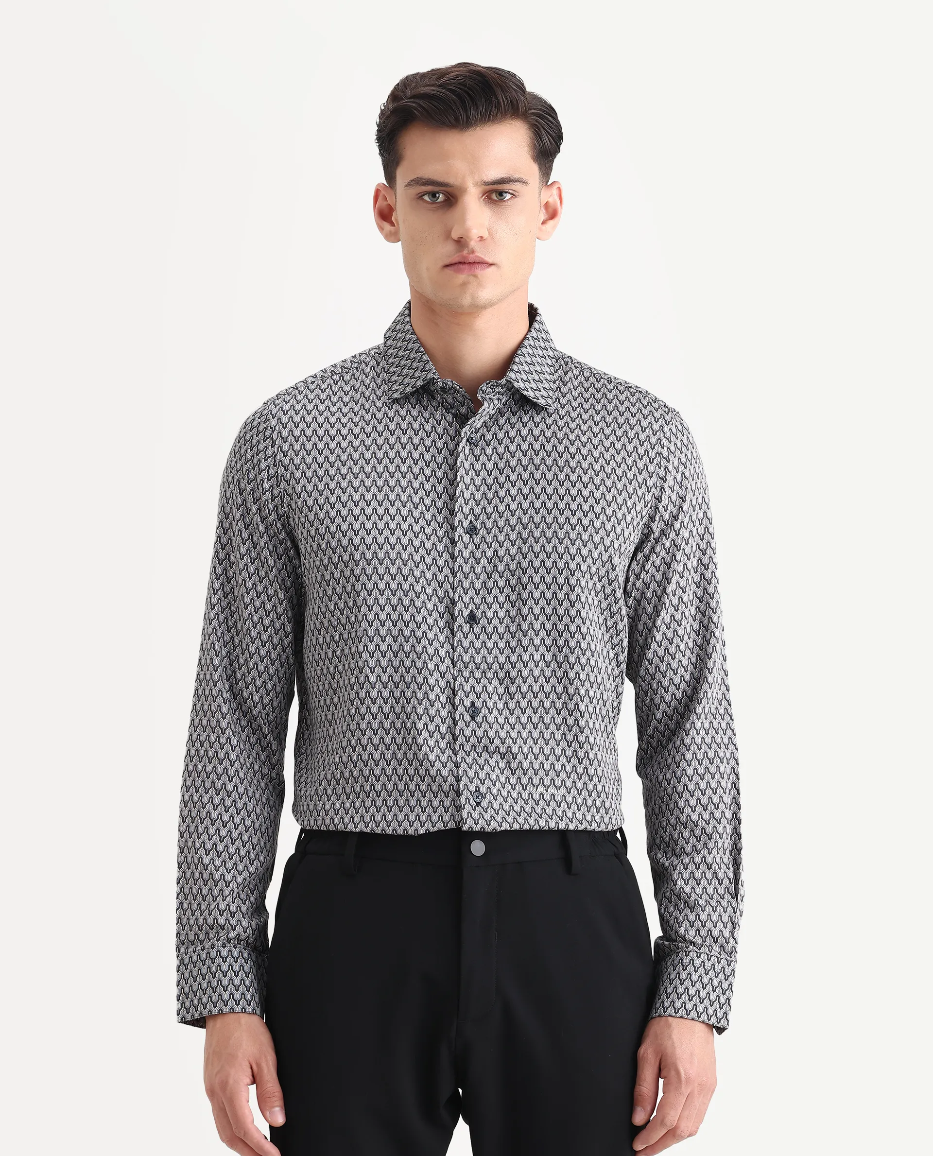 Rare Rabbit Men's Benor Grey Satin Abstract Print Regular Fit Full Sleeve Collared Shirt - Image 4